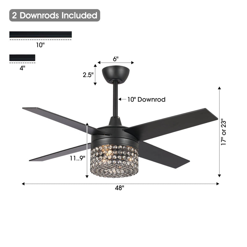 Parrot Uncle 48-Inch Pune Modern Downrod Mount Reversible Crystal Ceiling Fan with Lighting and Remote Control (F6306Q110V)