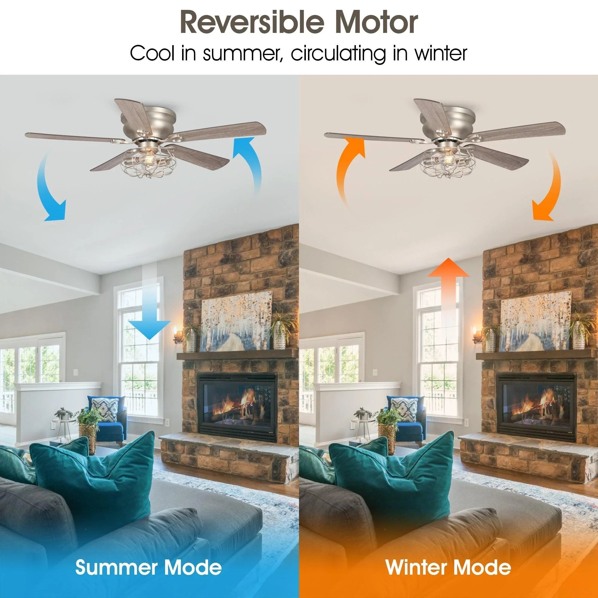 Reversible flush mount ceiling fan with satin nickel housing, woodgrain blades and light