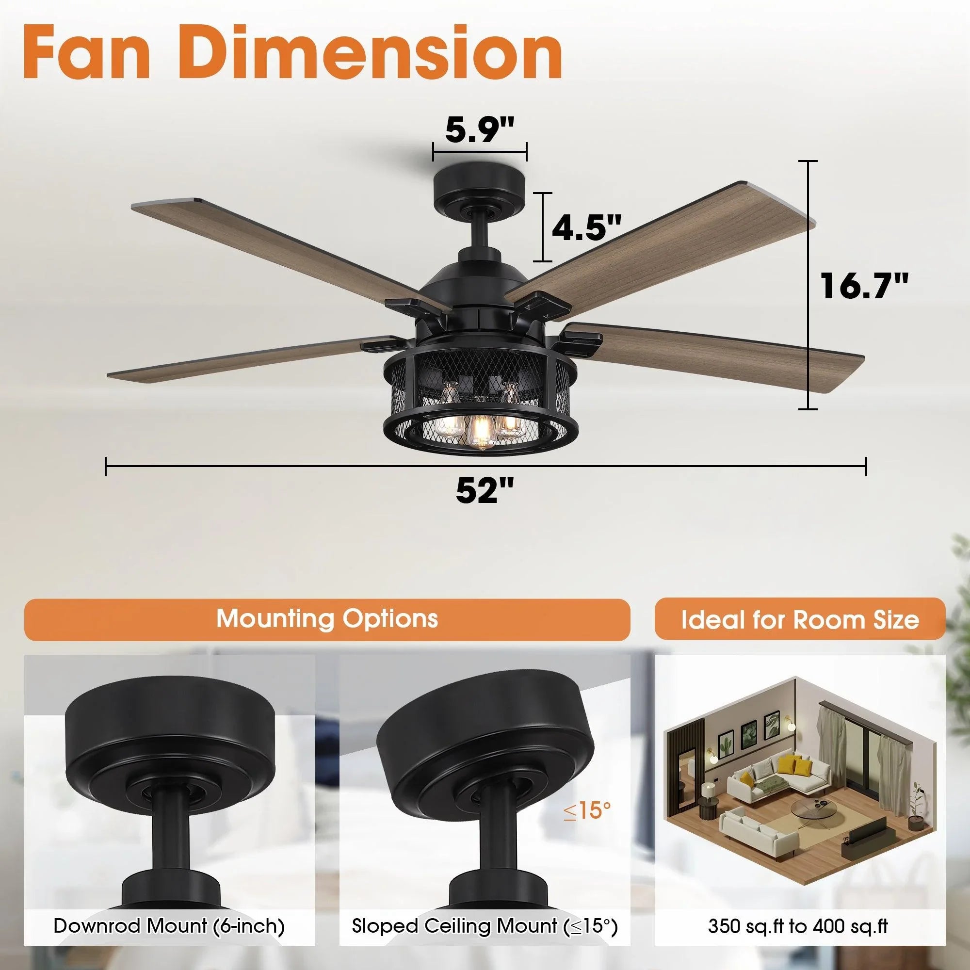 Black ceiling fan with five wood blades and light fixture, size label view