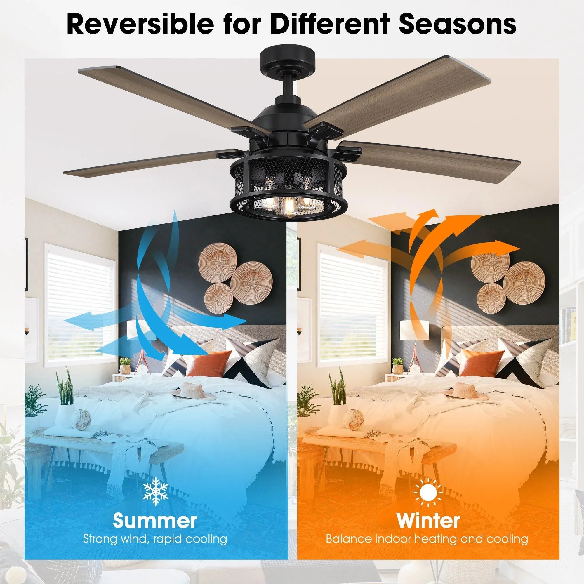 Black reversible ceiling fan with wood blades and light fixture, summer and winter airflow cues