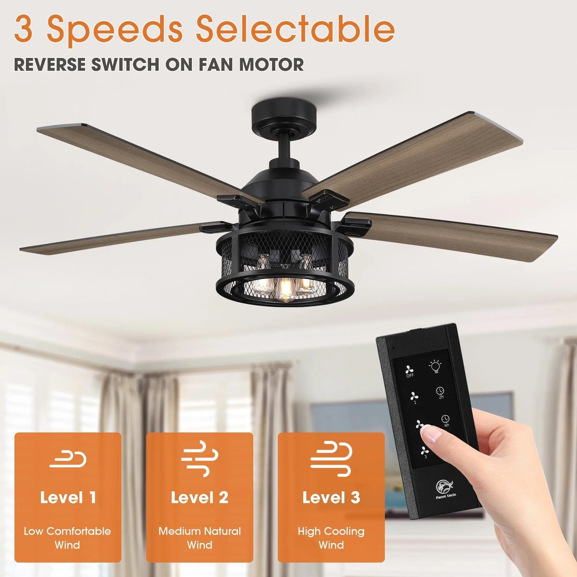 Black reversible ceiling fan with five wood blades and central light, shown with remote