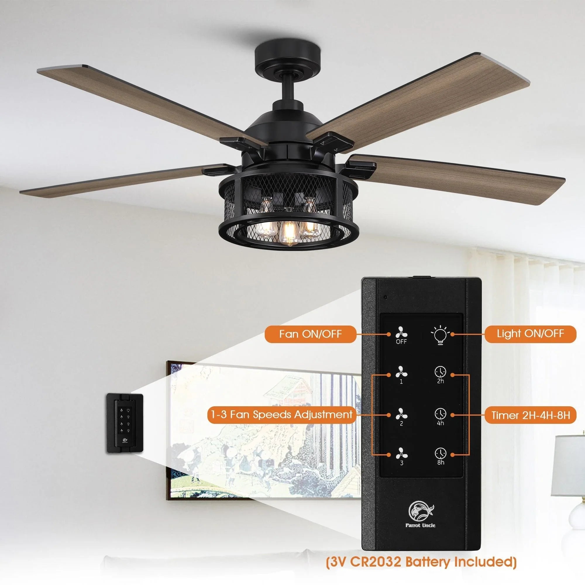 Black ceiling fan with wood blades and light module, with handheld remote control