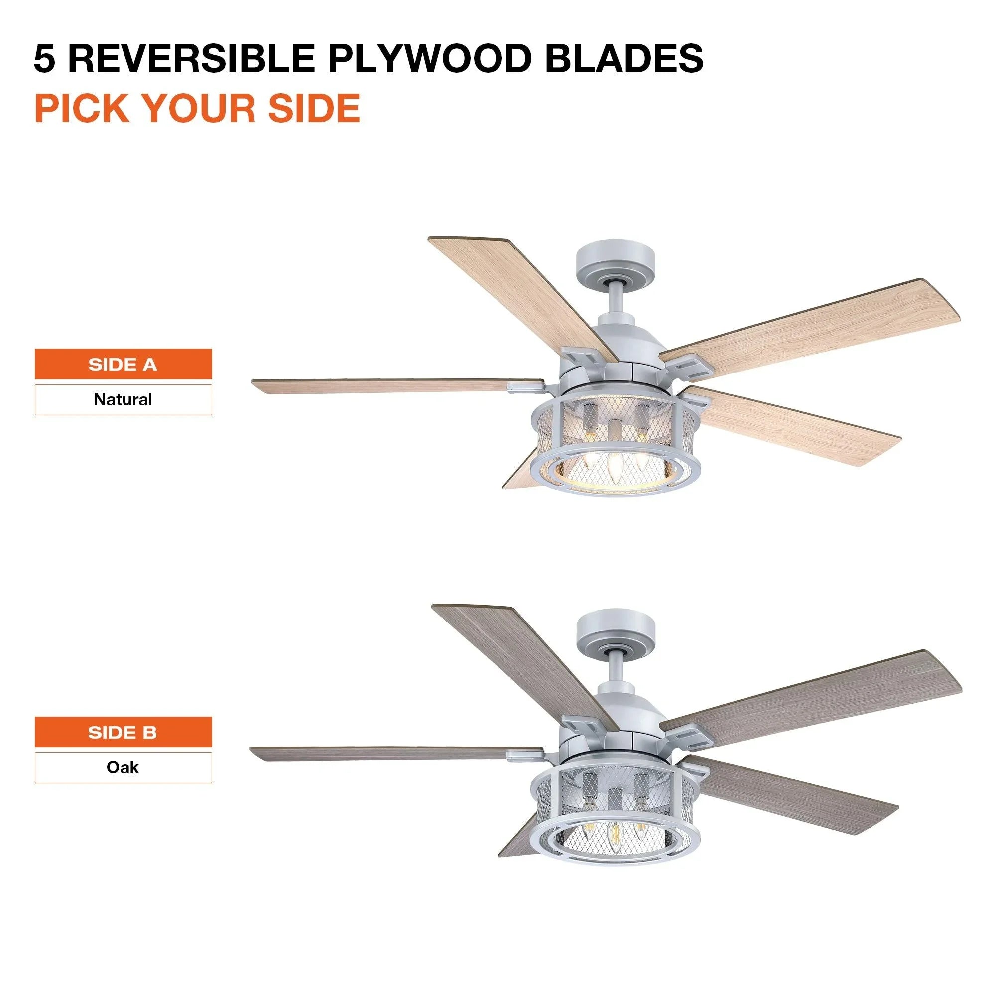 Ceiling fan with five reversible plywood blades: natural and oak sides
