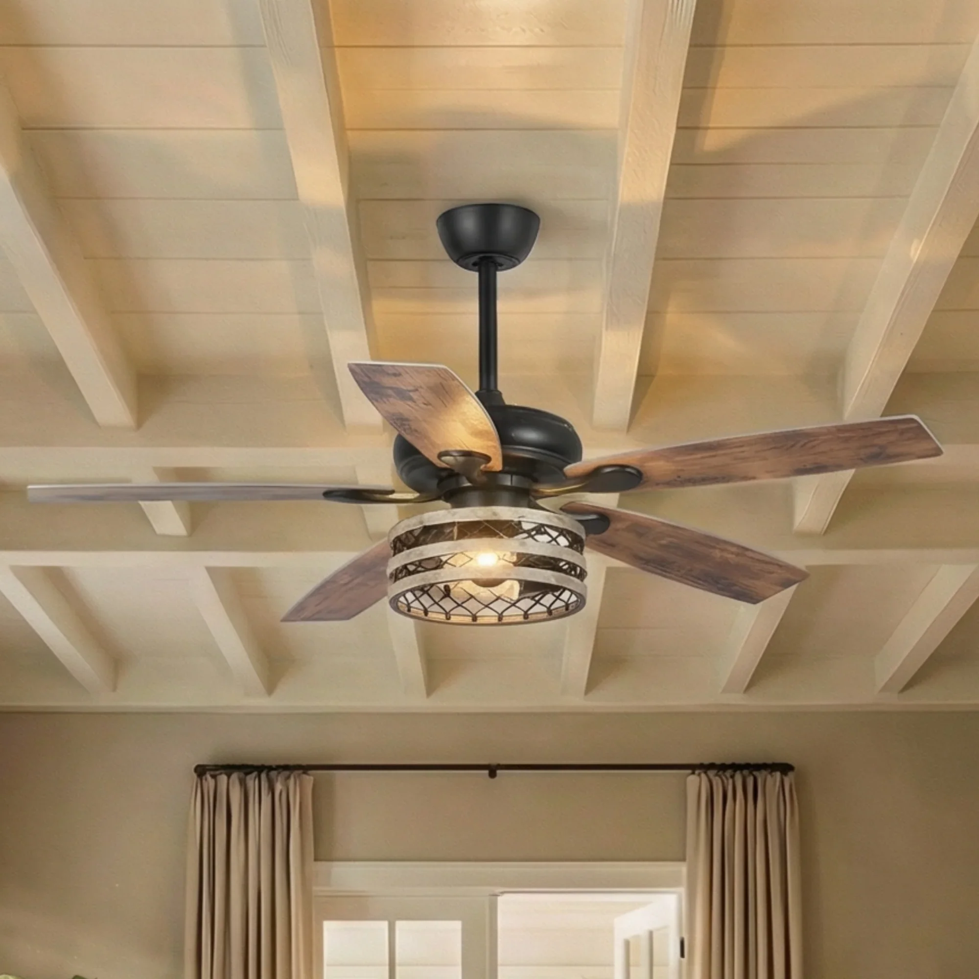 Black ceiling fan with light kit and three dark wood blades