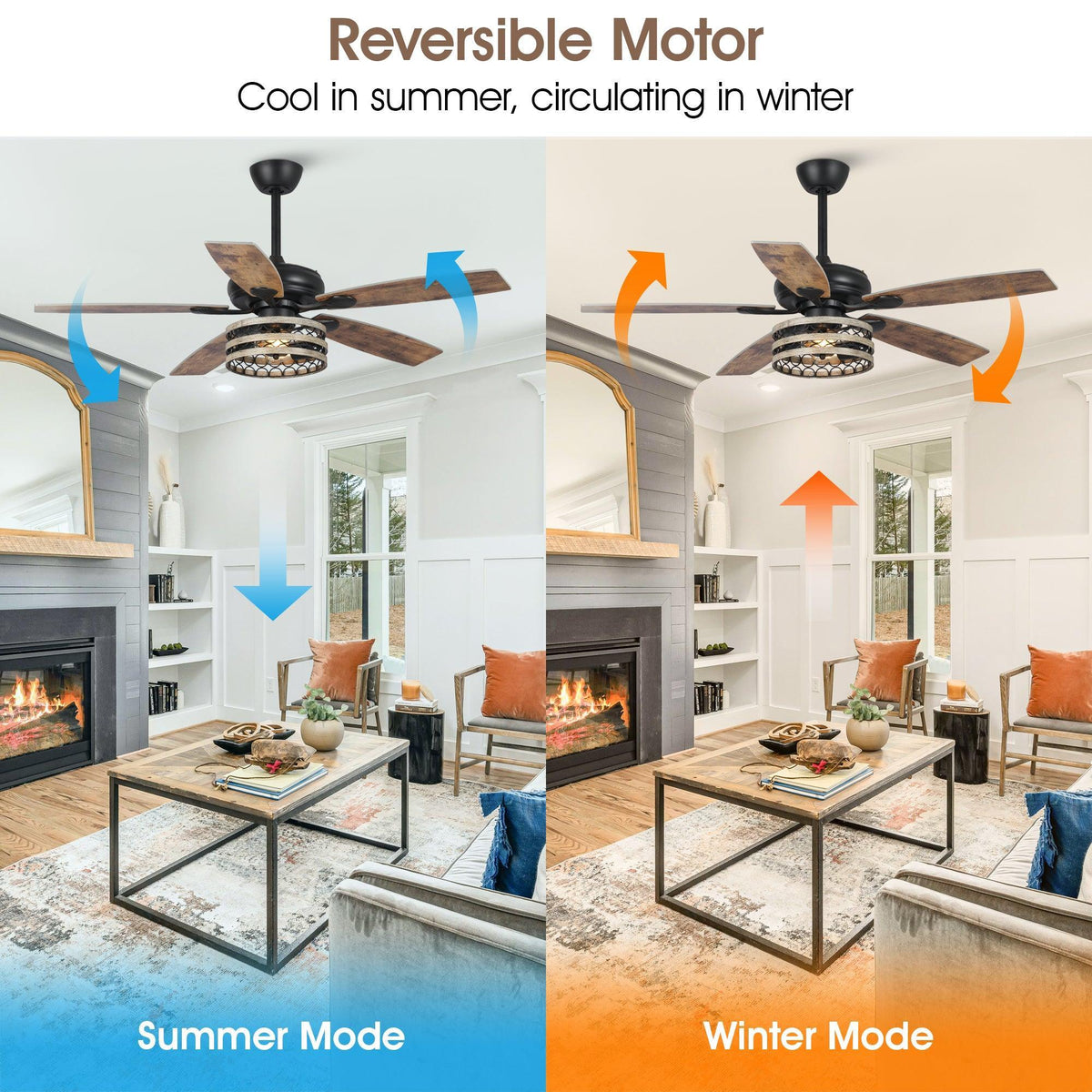 Parrot Uncle reversible ceiling fan with light kit and airflow arrows for summer/winter