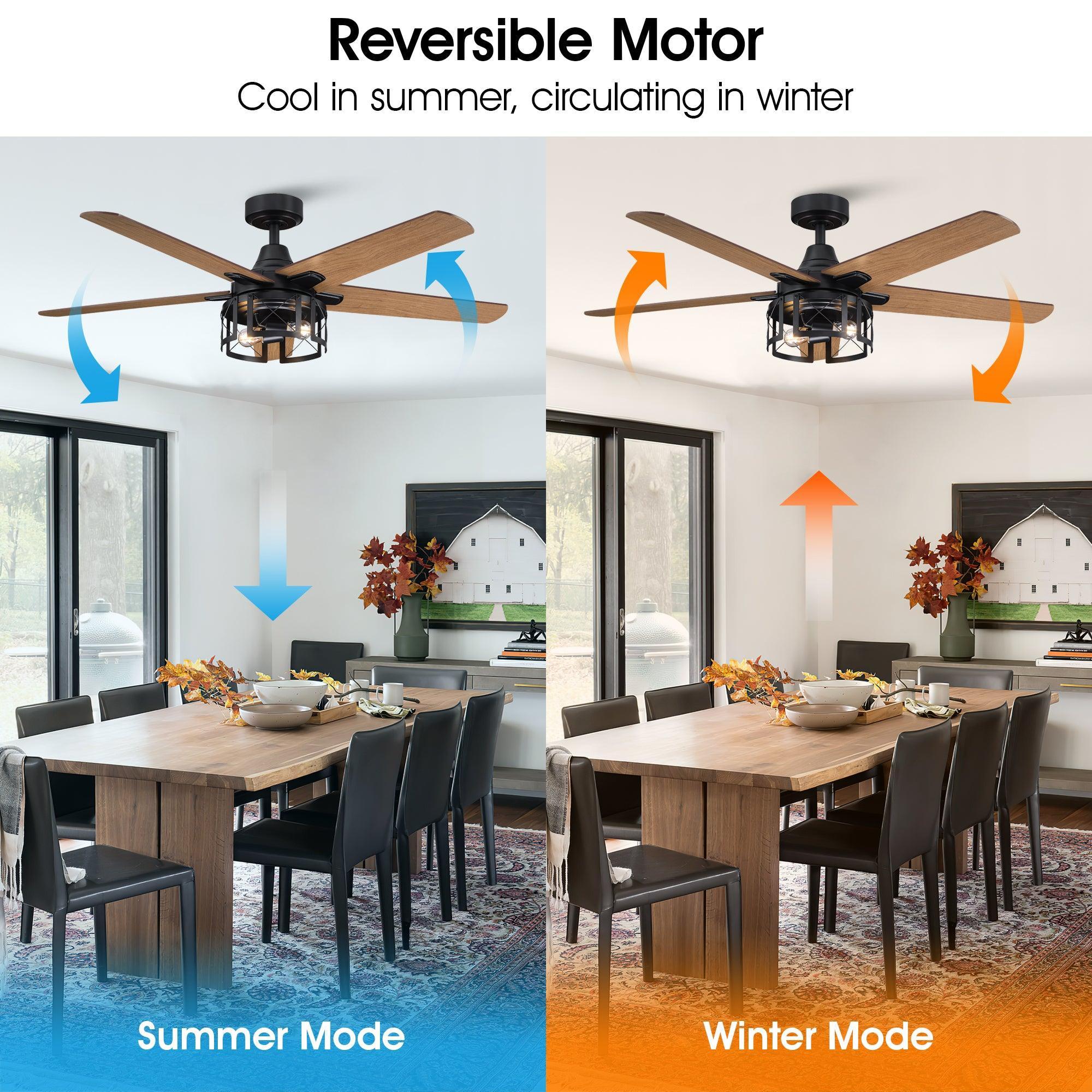 Black ceiling fan with reversible motor, dark wood blades, and built-in light