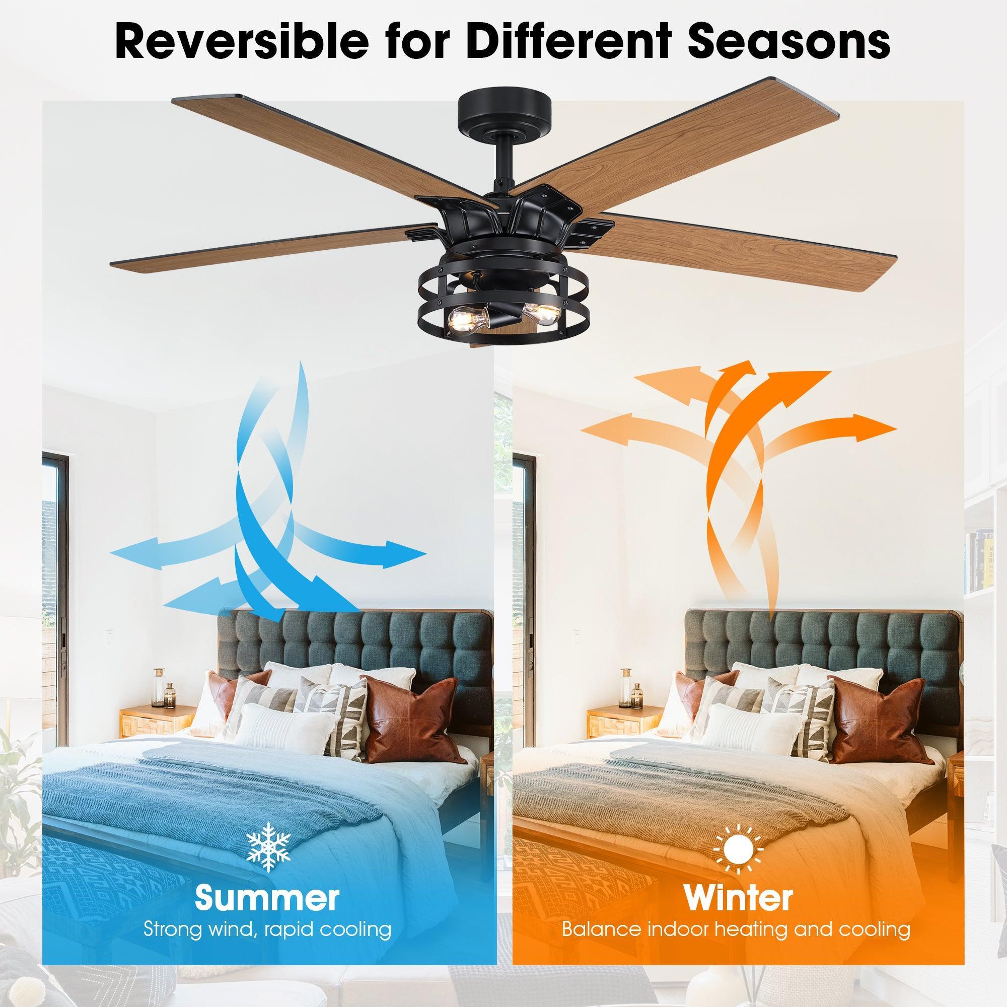 Industrial reversible ceiling fan with light, black motor and wood-toned blades