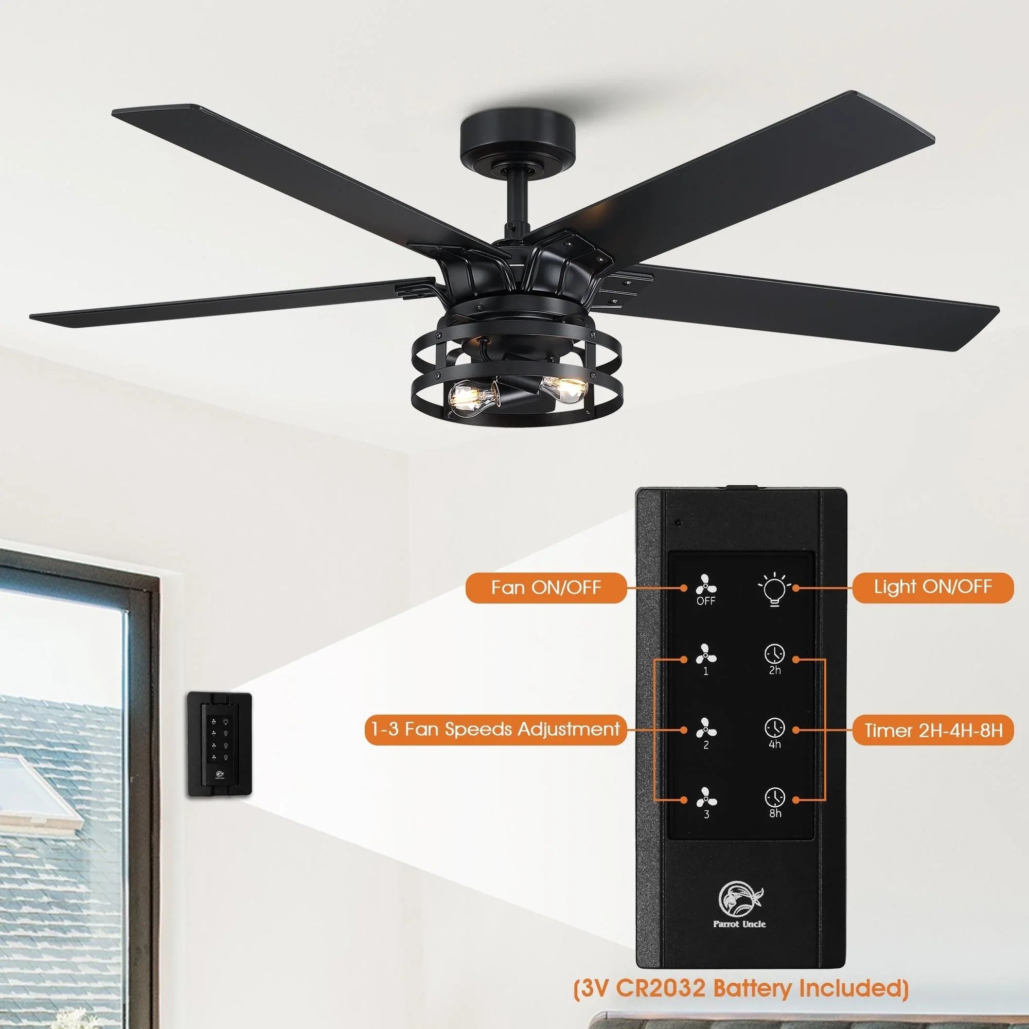 Industrial ceiling fan with light, black blades, and remote fan/lighting settings