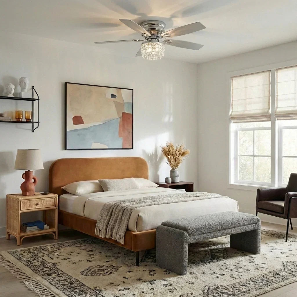 Chrome flush-mount ceiling fan with crystal light shade and five white blades