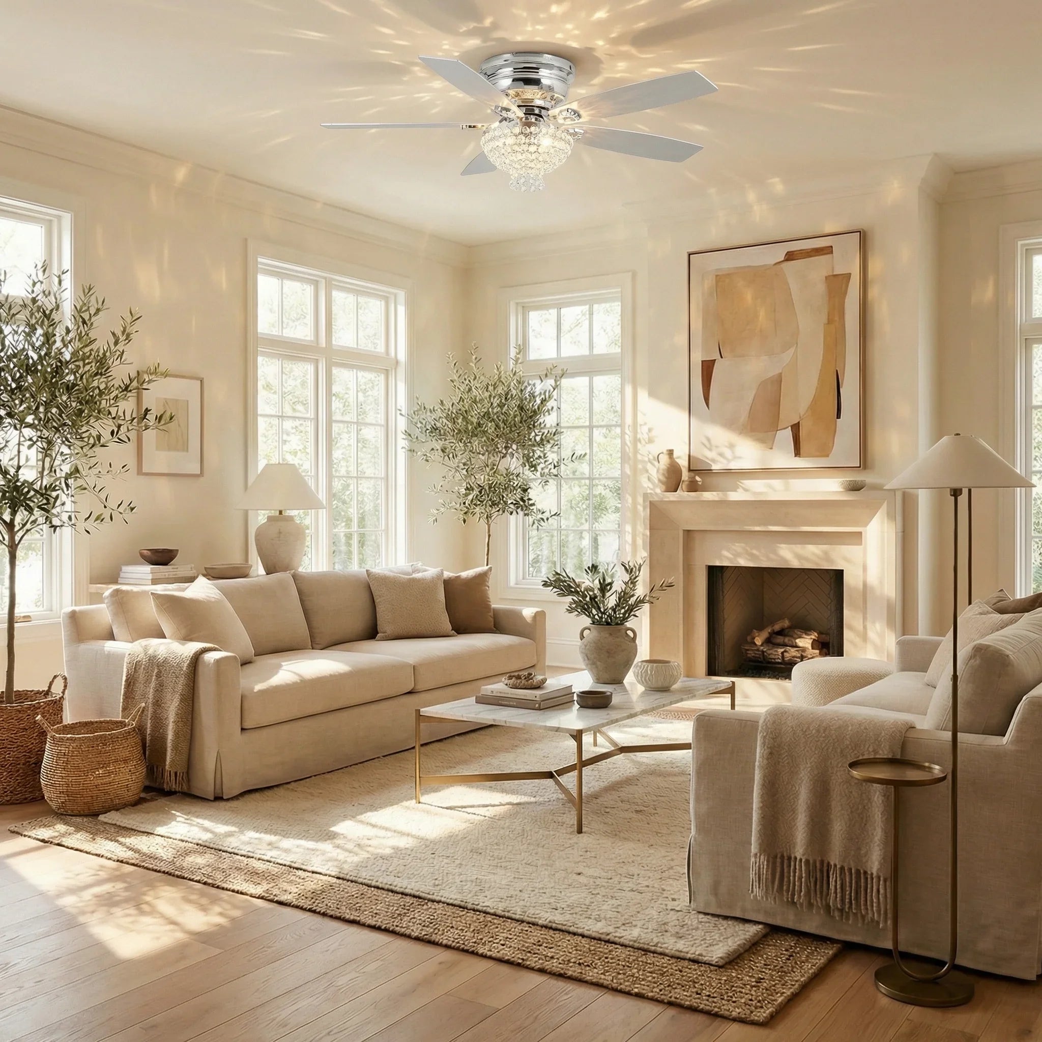 Chrome flush mount ceiling fan with crystal light and four long blades
