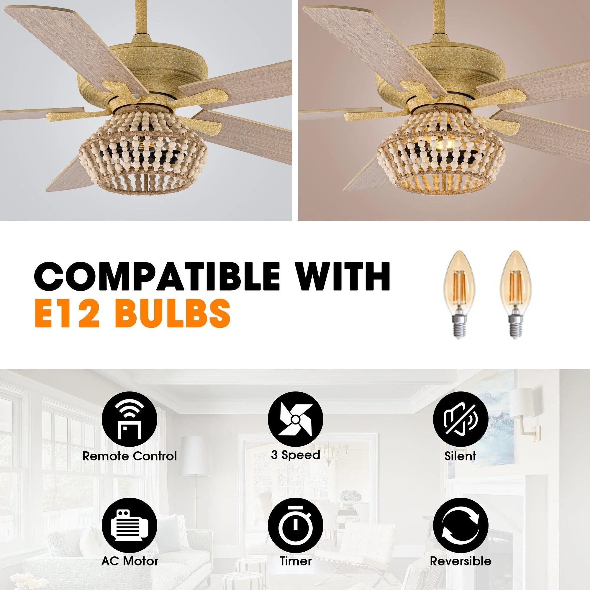 Golden ceiling fan with beaded light dome and E12 bulbs shown