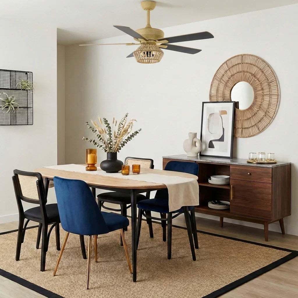 Parrot Uncle 52-Inch Pune Farmhouse Downrod Mount Reversible Ceiling Fan with Lighting and Remote Control (F6350Q110V)