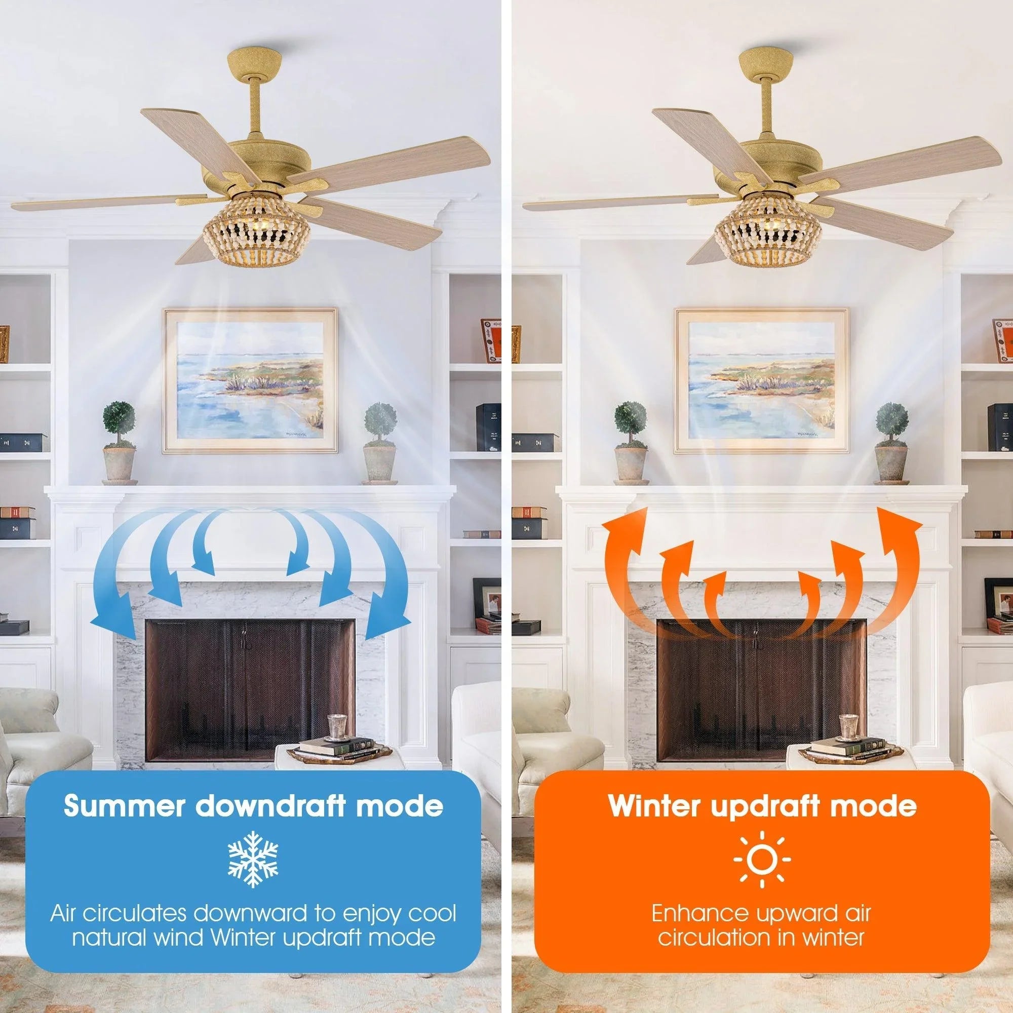 Golden ceiling fan with beaded light globe showing summer and winter airflow modes