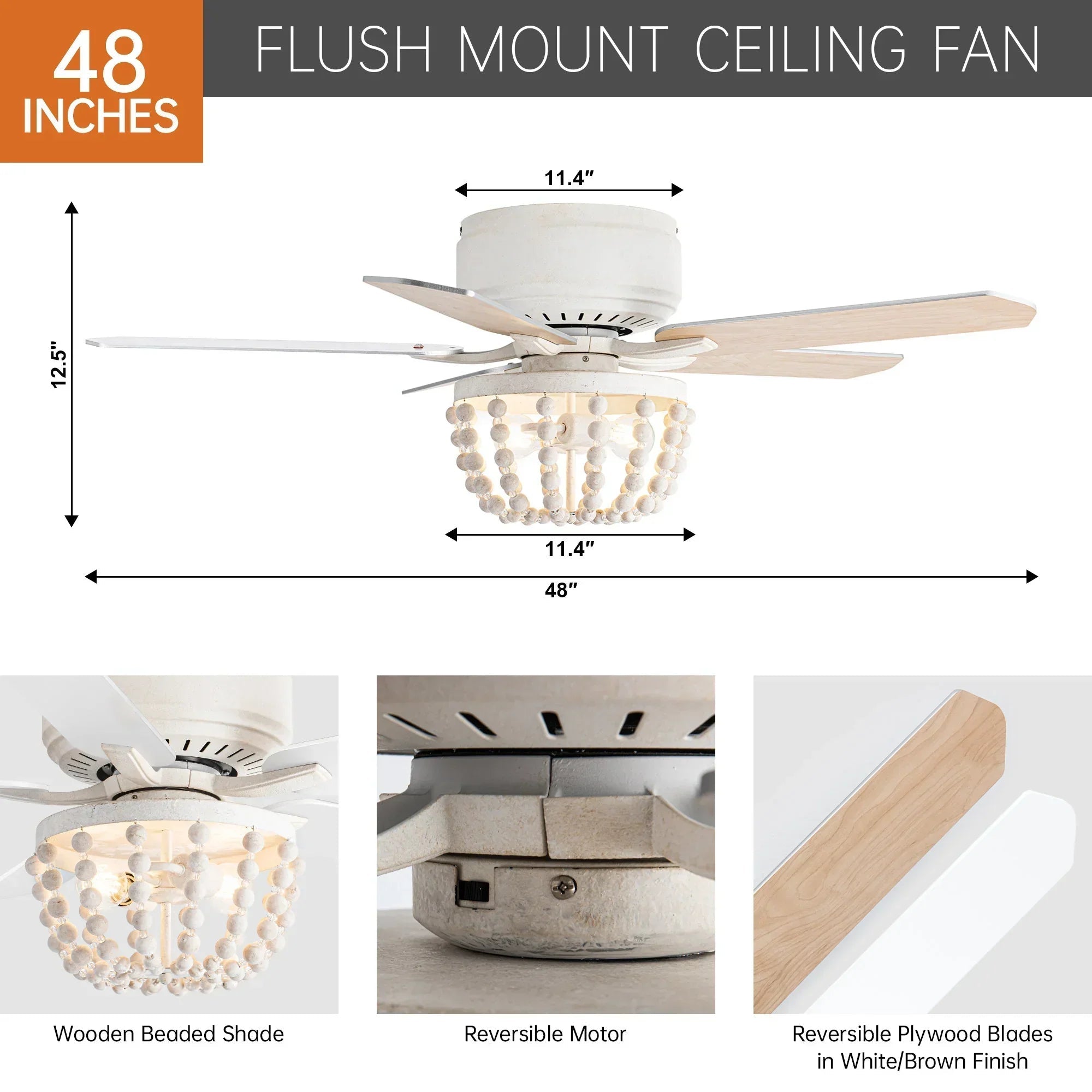 48-inch flush mount ceiling fan with beaded light globe and light wood blades