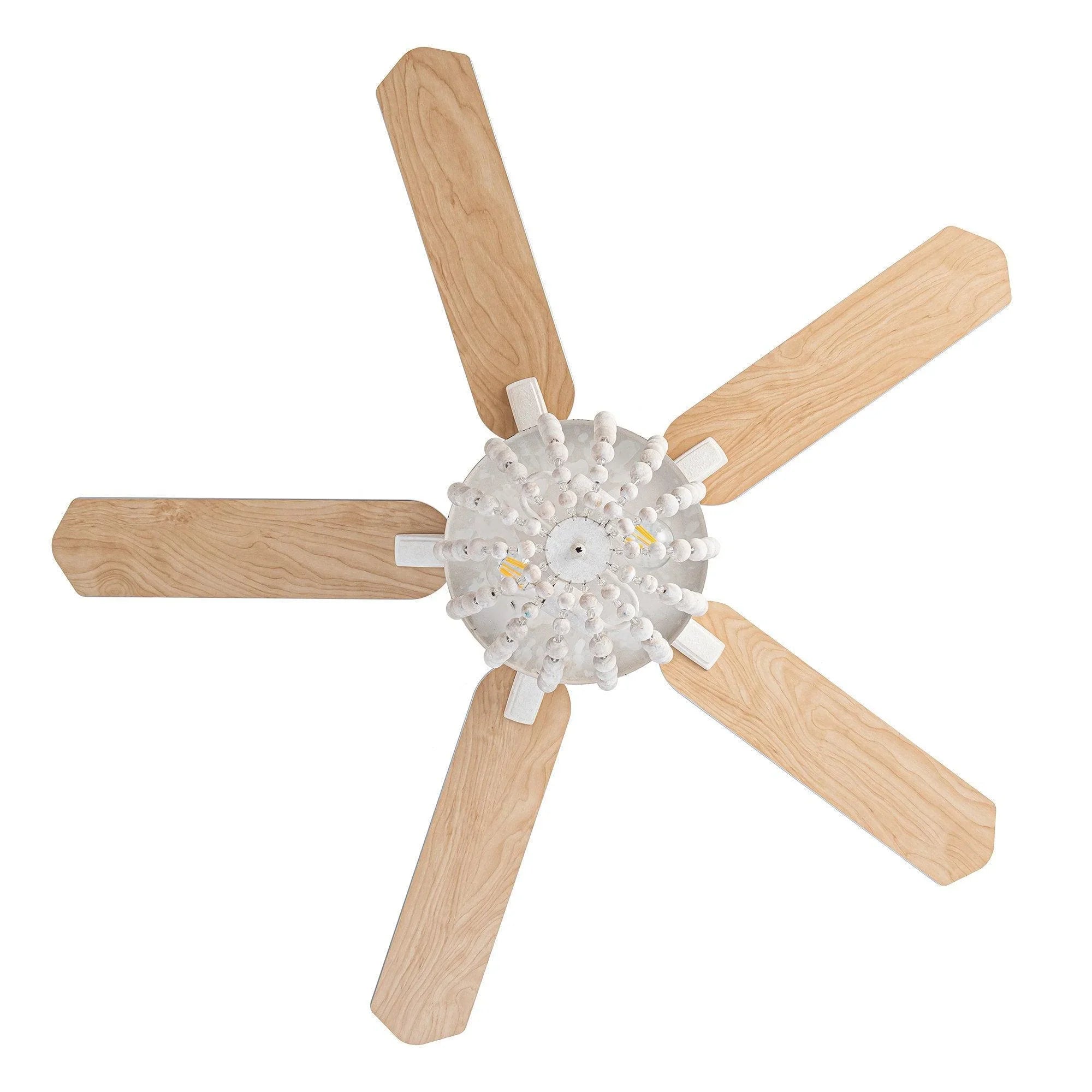 White flush mount ceiling fan with beaded light globe and four light wood blades