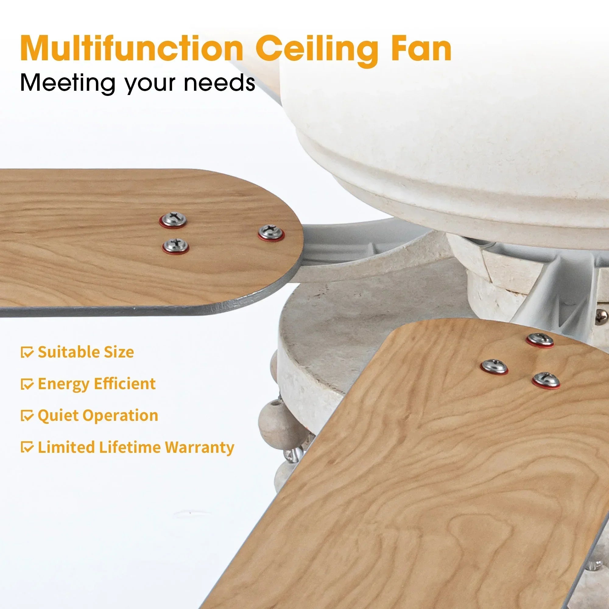 Flush mount ceiling fan with light wood blades and white motor housing with screws