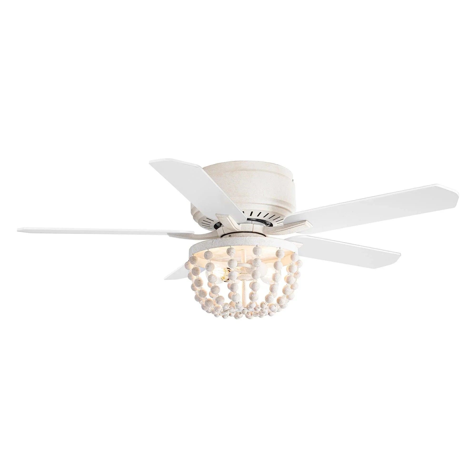 Flush mount ceiling fan with white finish and wood reversible blades, bead light fixture