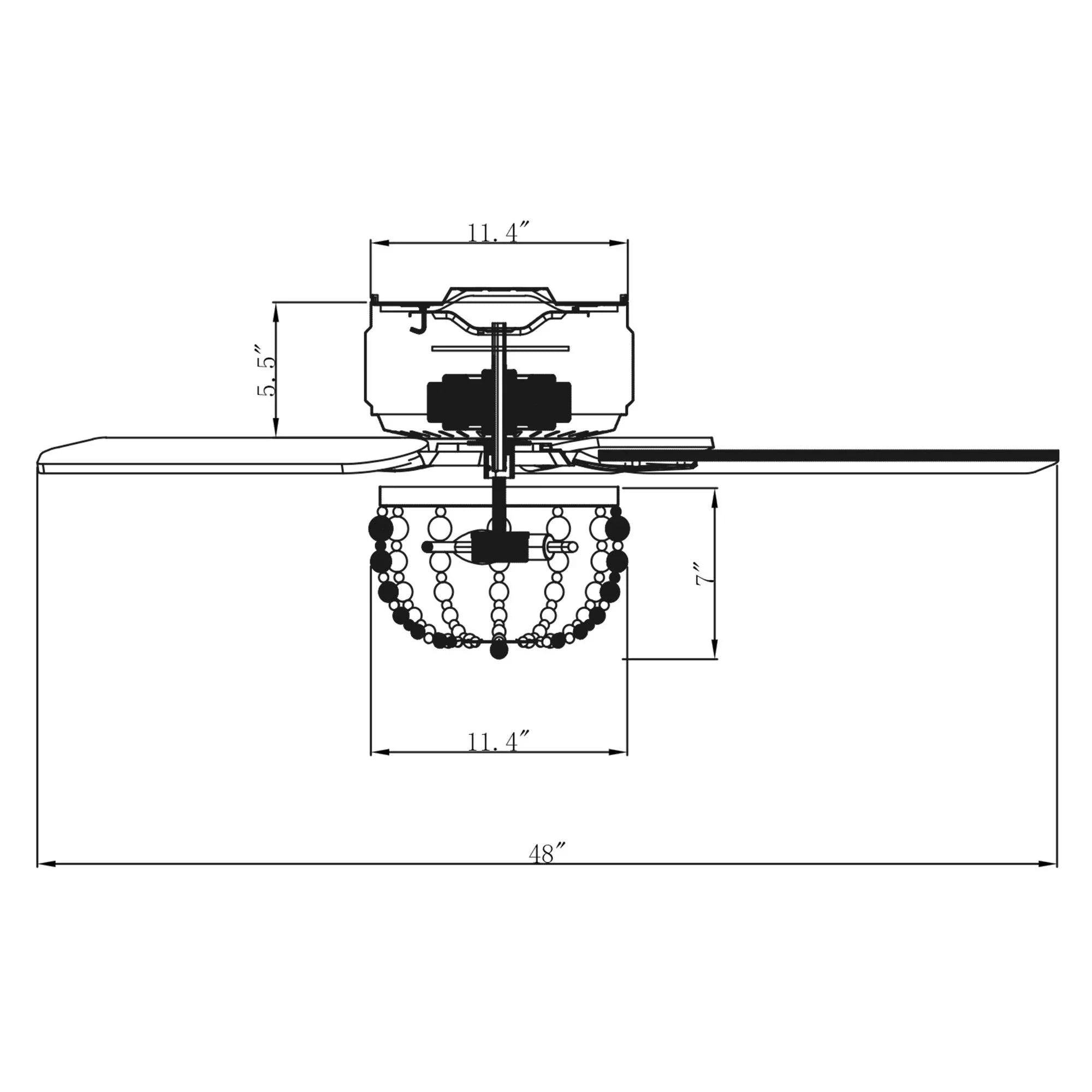 Ceiling fan cutaway view with flush mount housing and beaded light globe