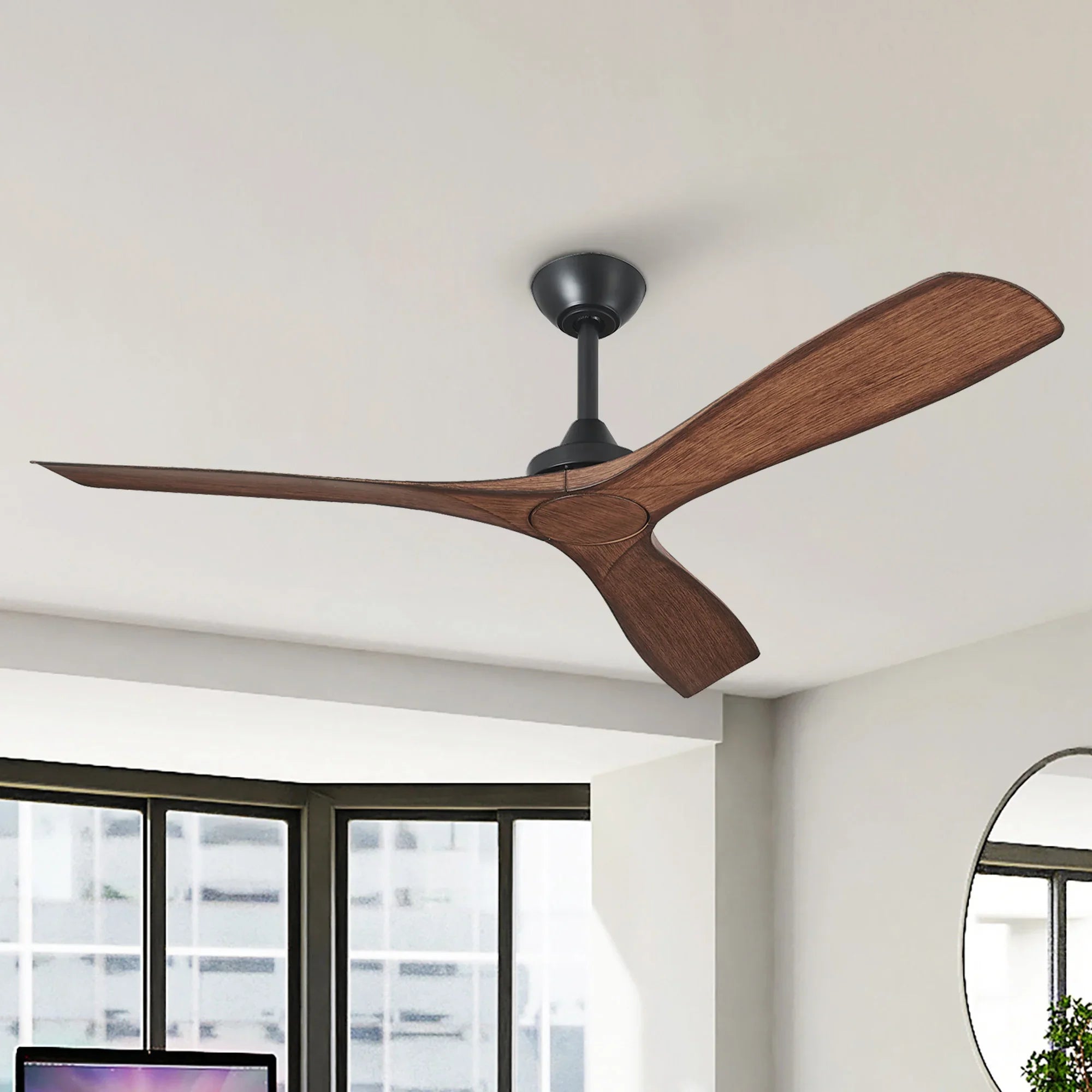 Brown ceiling fan with black motor mount and three wood-look blades