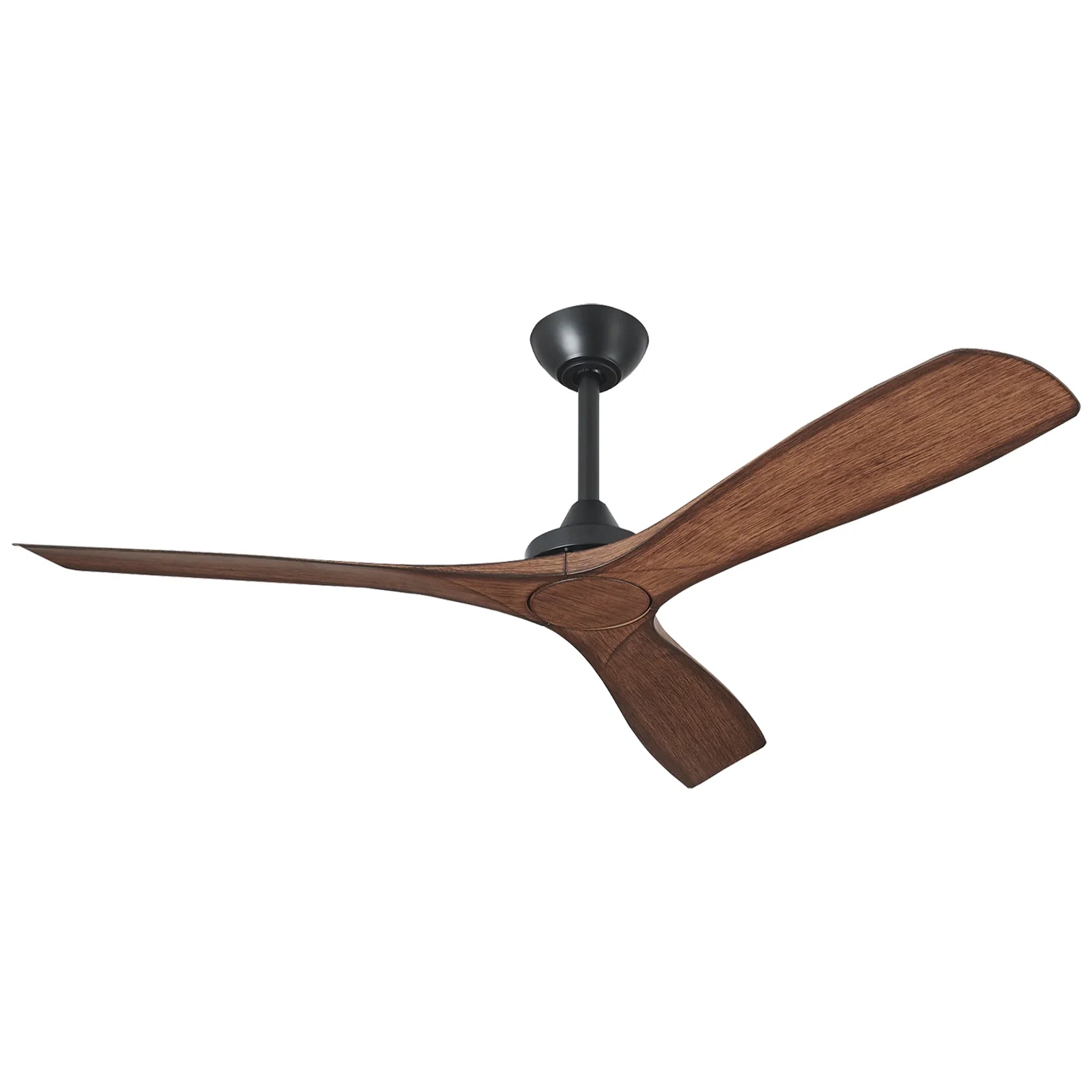 Brown ceiling fan with three dark wood-look blades and black motor housing