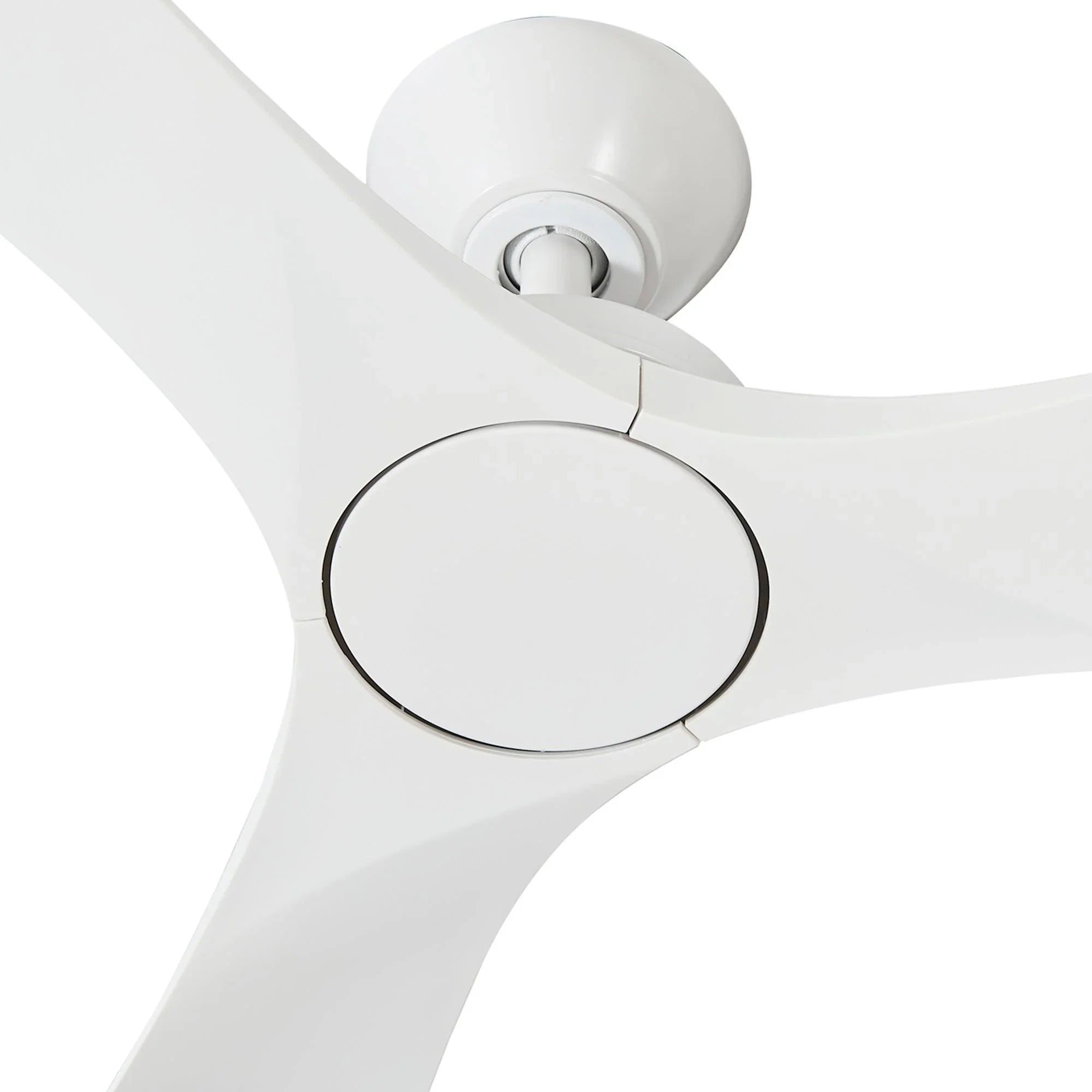 White ceiling fan motor housing and circular blade cover with three attached blades