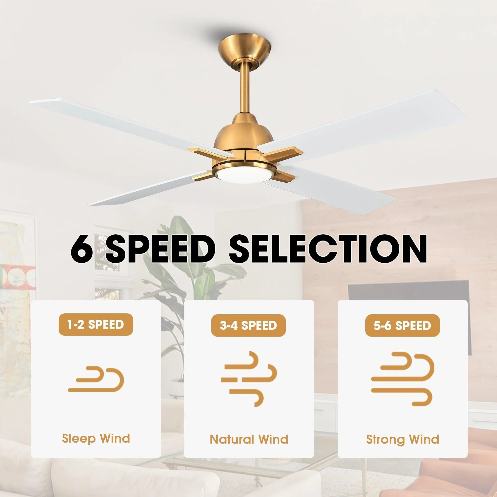 Golden ceiling fan with four white blades and integrated light under motor