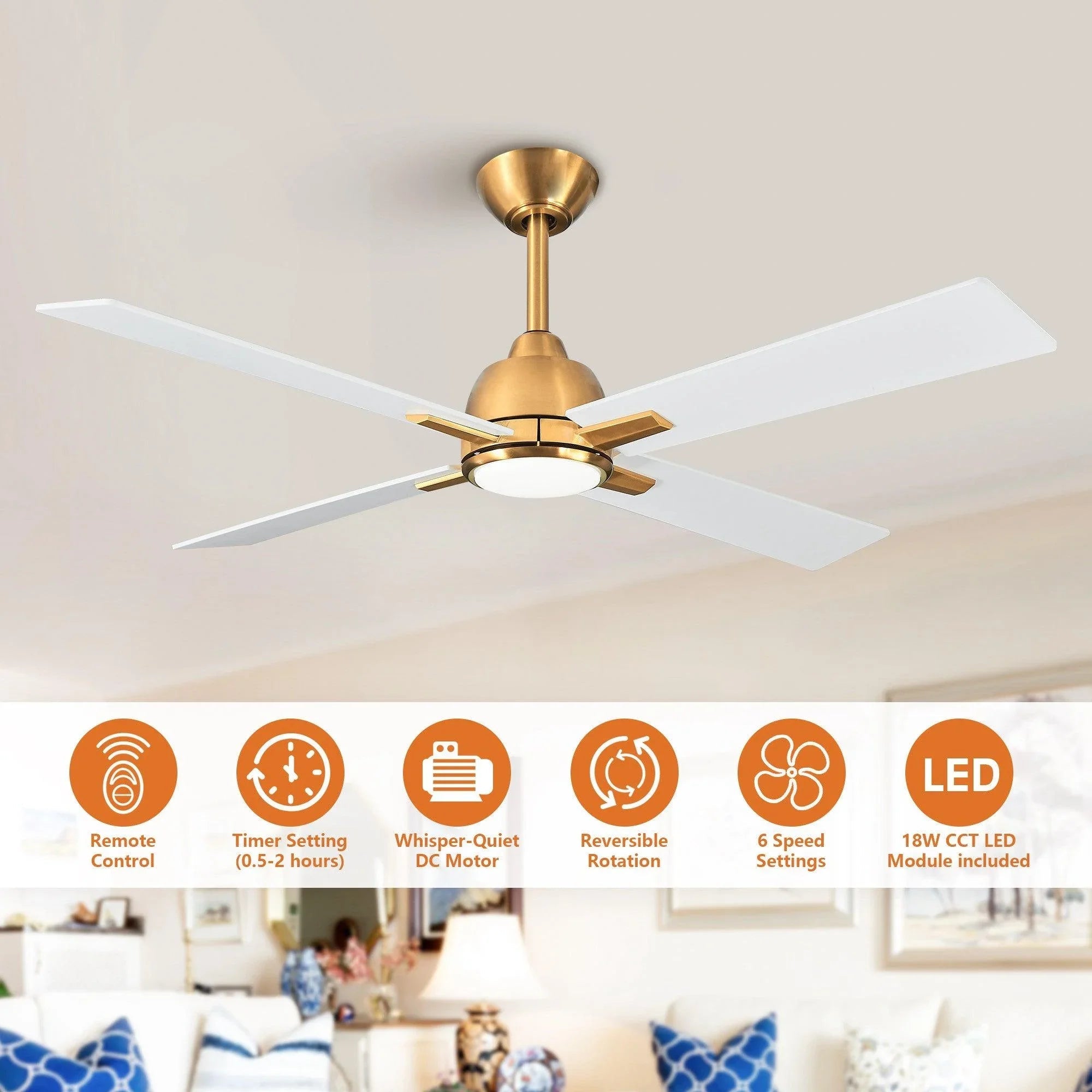 Gold ceiling fan with LED light and remote control feature icons