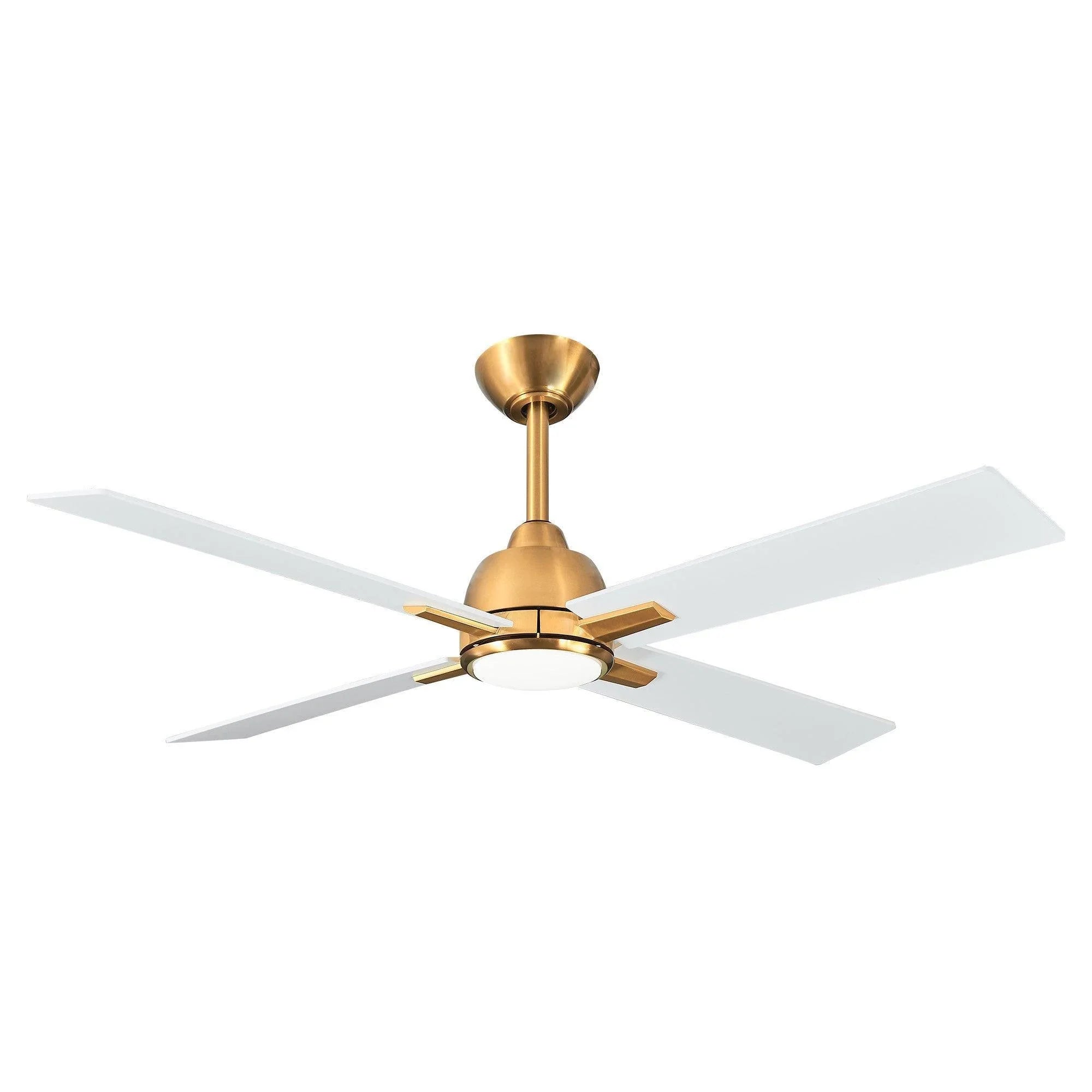 Golden ceiling fan with five white blades and central light fixture