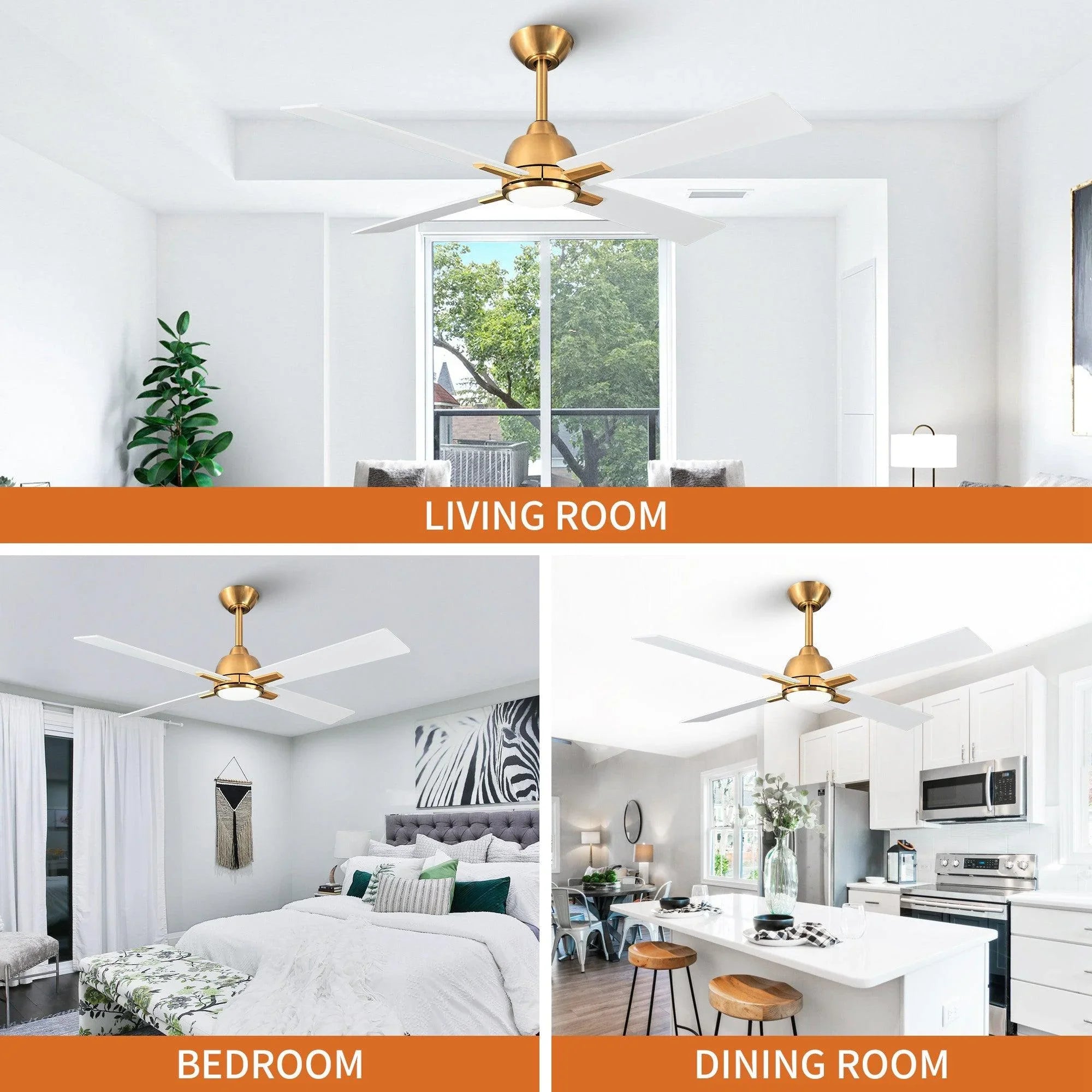 Golden ceiling fan with four white blades and central light fixture