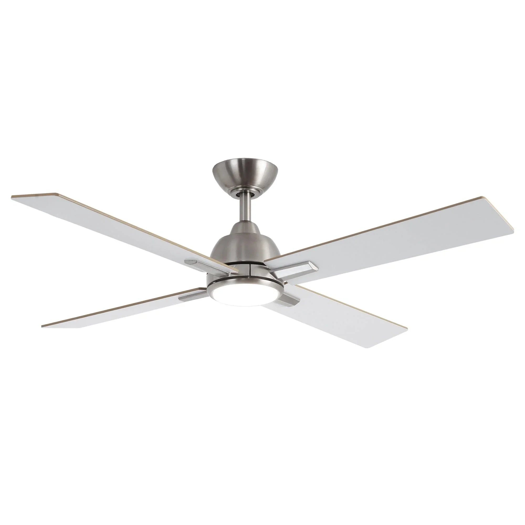 Satin nickel ceiling fan with five white blades and round light fixture