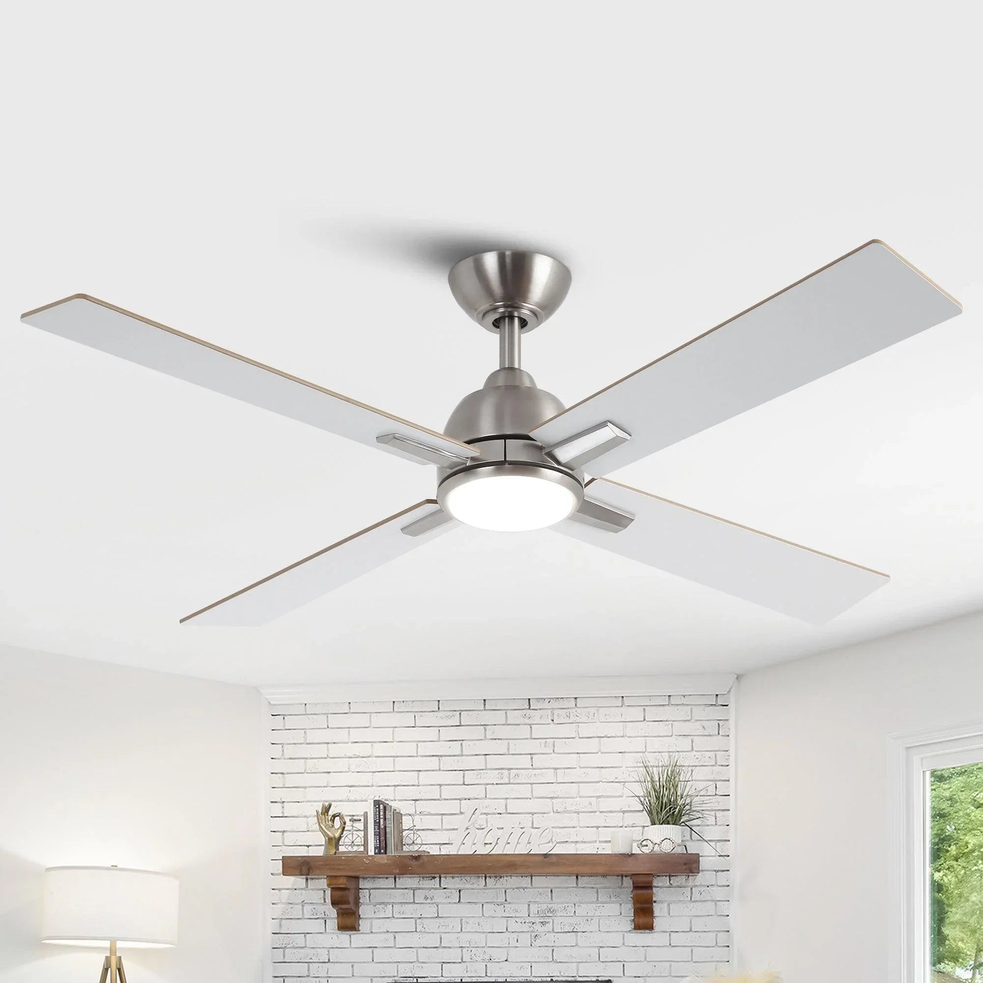 Satin nickel ceiling fan with reversible lighted blades and flush LED light
