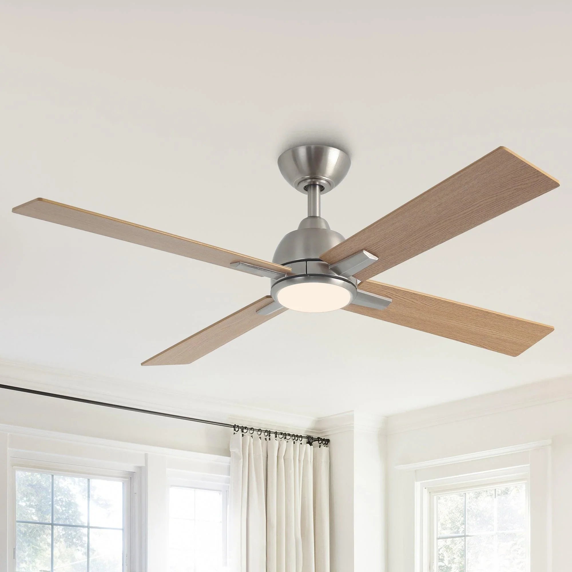 Satin nickel ceiling fan with four lighted blades and round LED housing