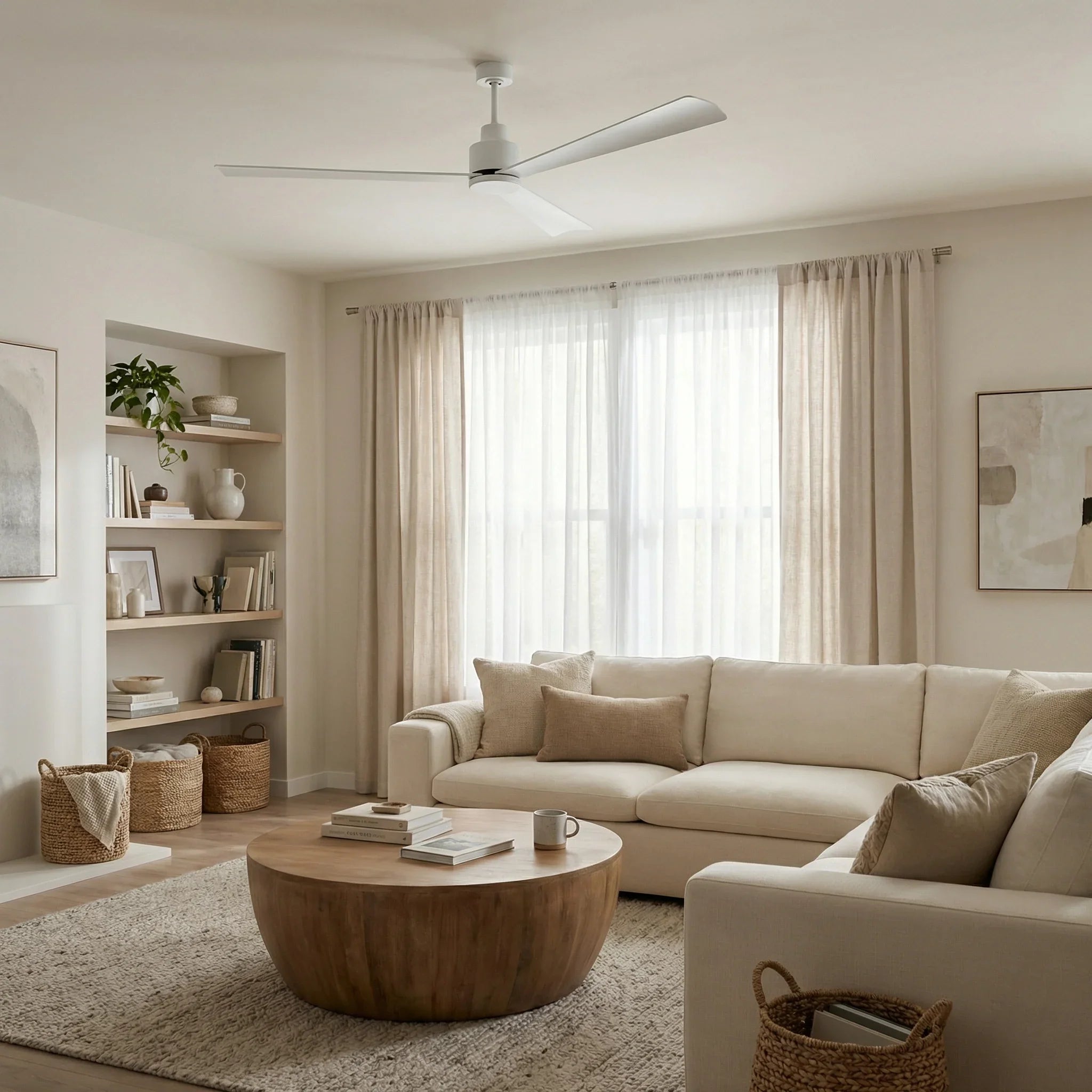 White industrial ceiling fan with five blades and ceiling canopy