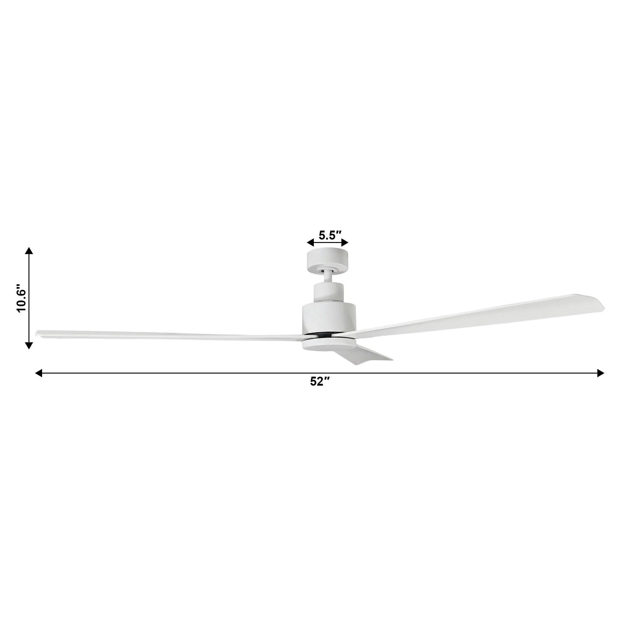 White ceiling fan dimensions: 52 in width, 10.6 in height