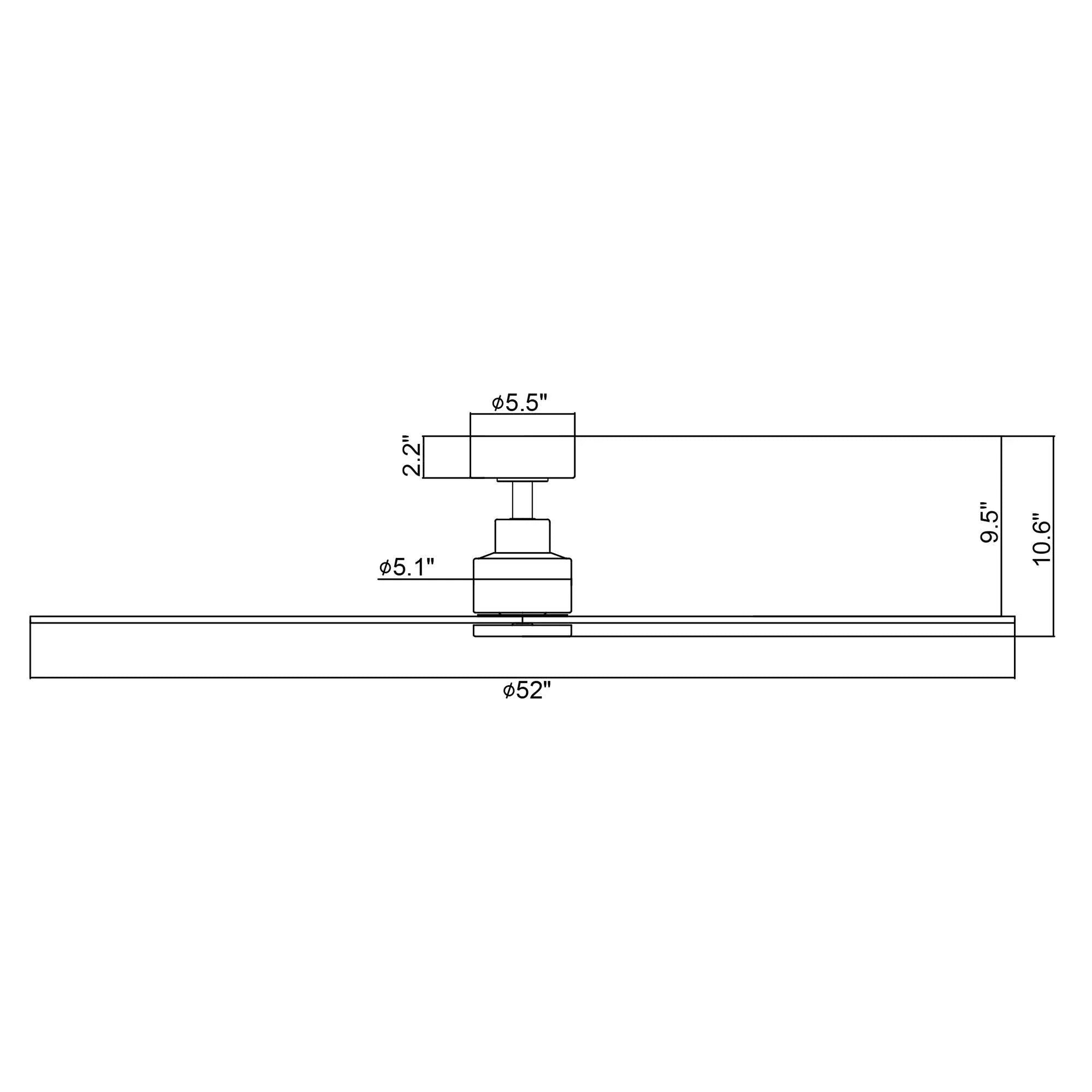Industrial ceiling fan size diagram showing 52-inch blade span and downrod dimensions