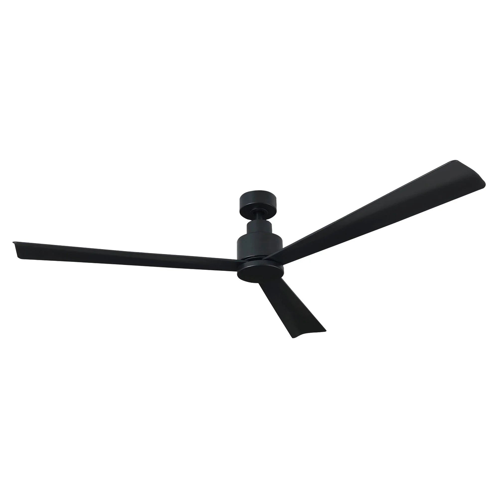 Black industrial ceiling fan with five blades and centered hub
