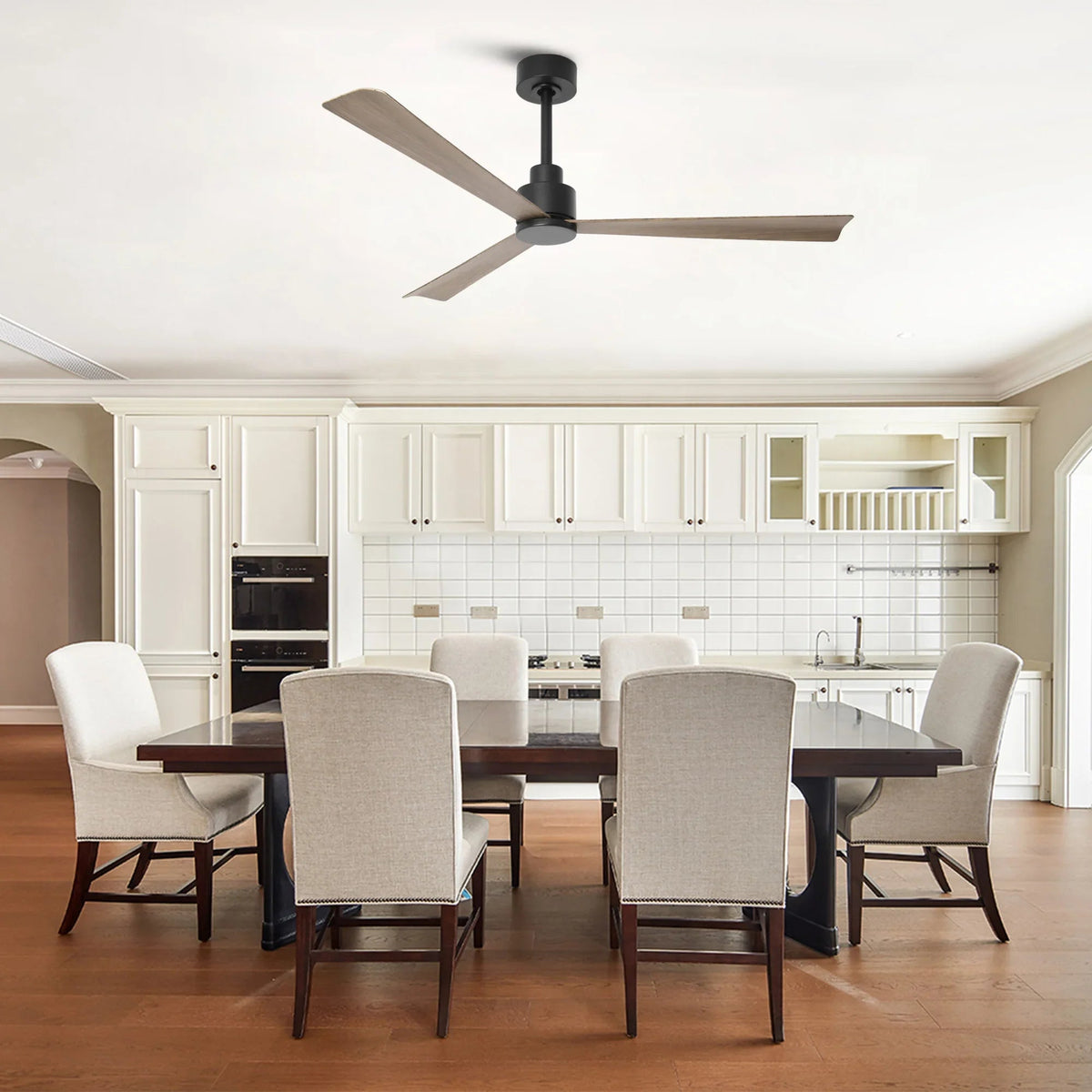 Ceiling fan with three wood blades and black downrod mount
