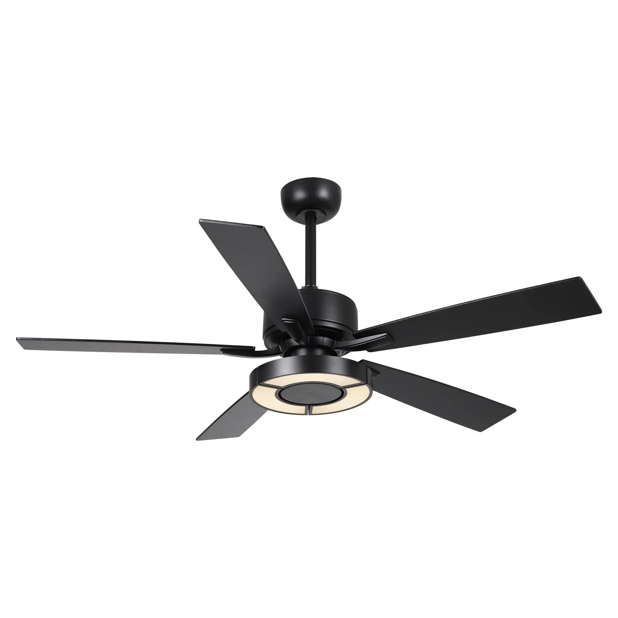 Black 52-inch ceiling fan with five reversible blades and built-in light