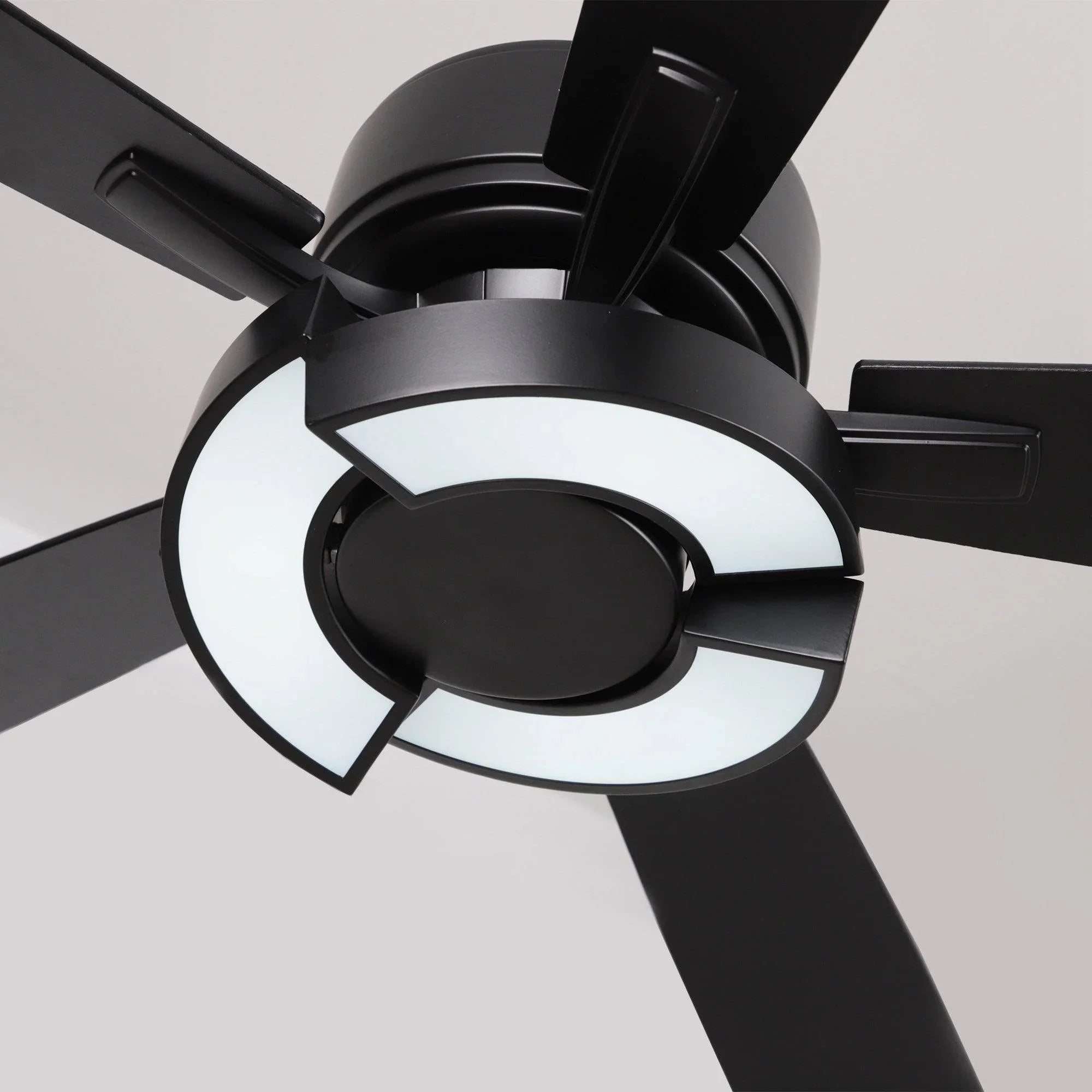 Black ceiling fan with illuminated ring LED light and glossy black blade arms