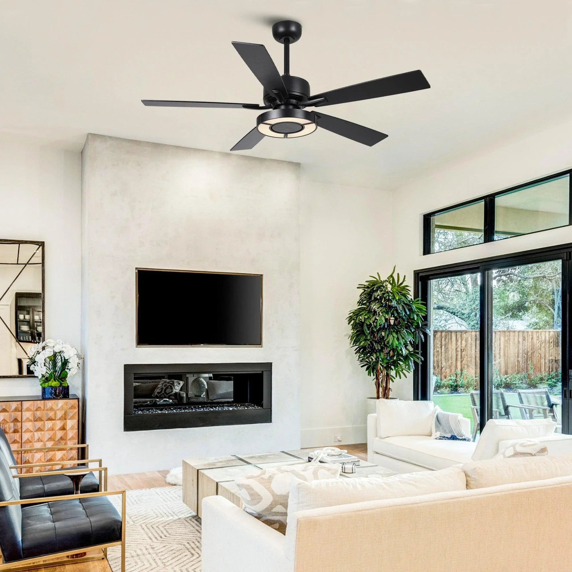 Black ceiling fan with integrated light fixture and five blades