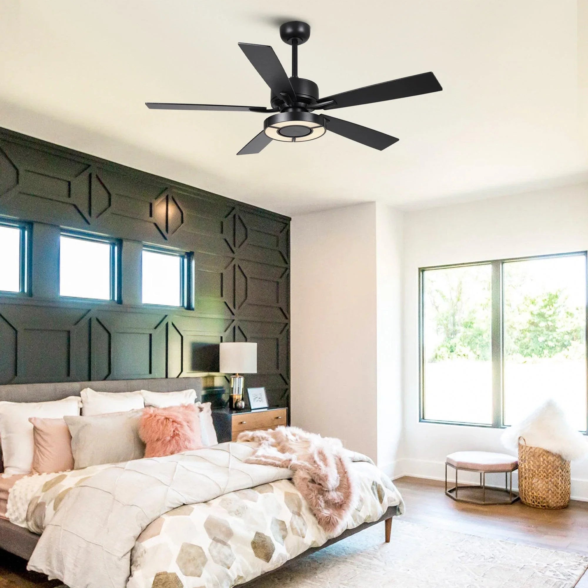 Black ceiling fan with integrated light fixture and five blades