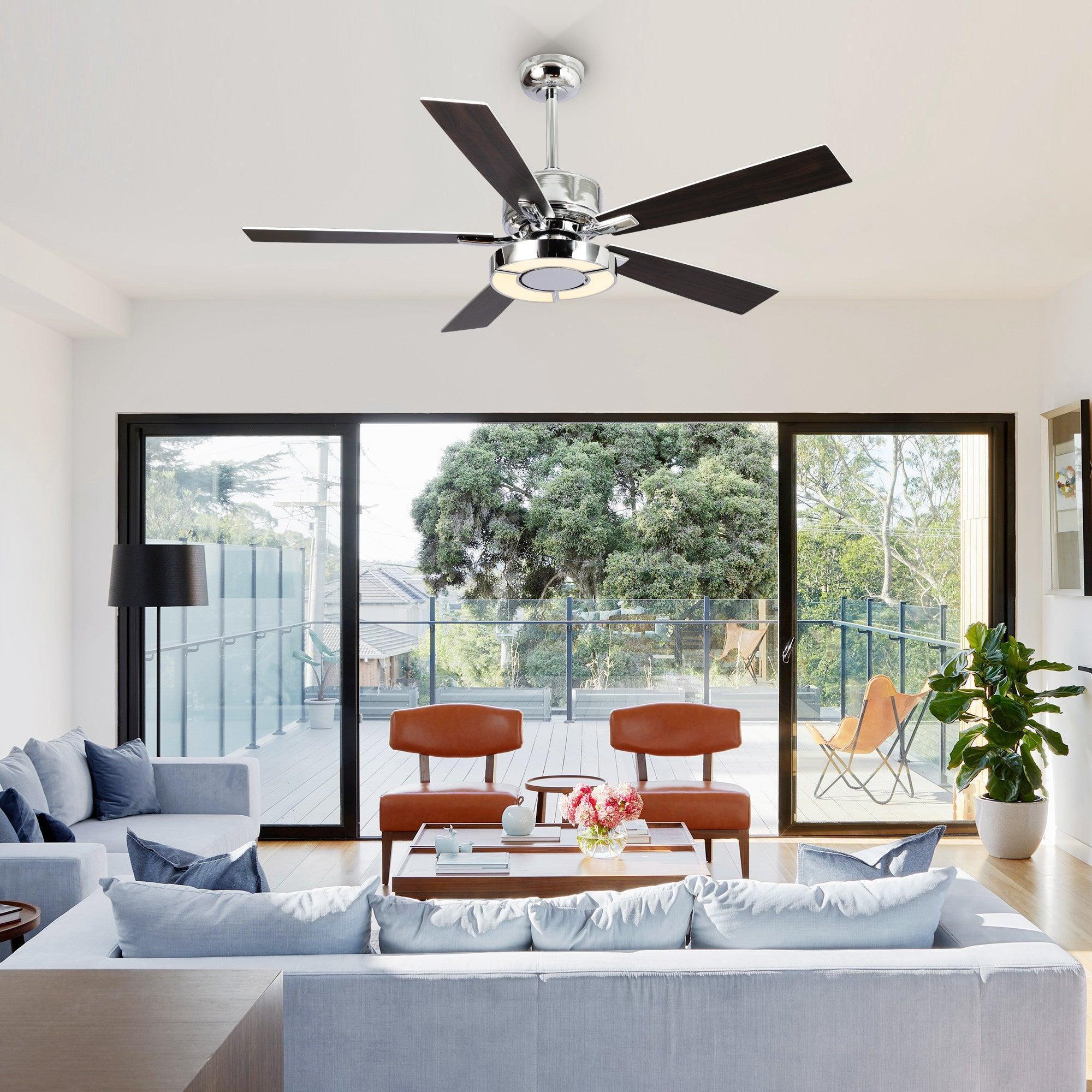 Industrial ceiling fan with chrome finish, integrated light, and 5 reversible blades