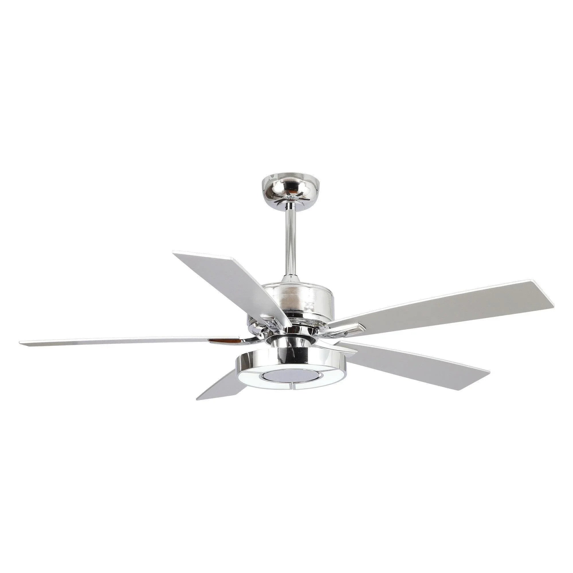 Industrial ceiling fan with chrome finish, integrated light, and reversible blades