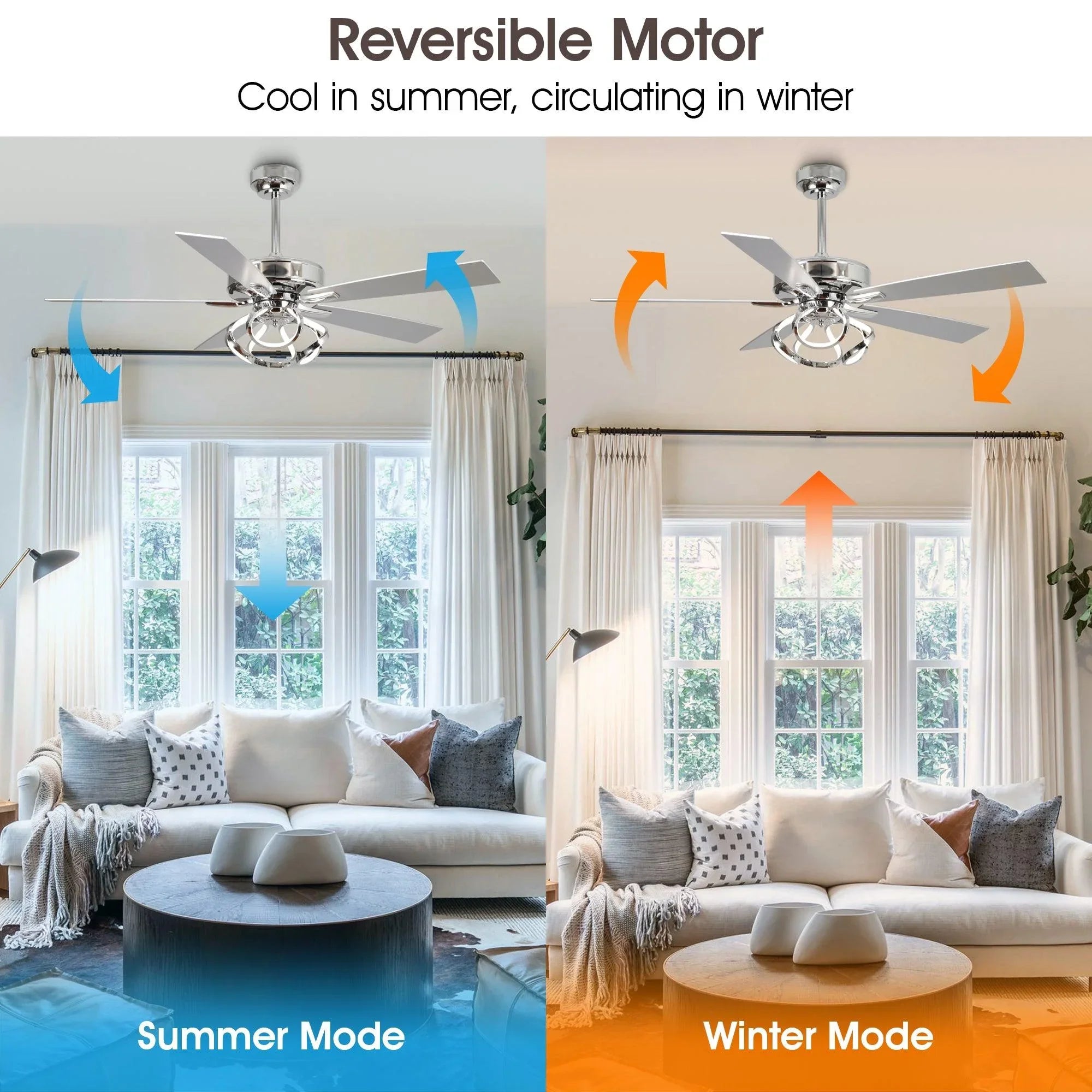 Chrome reversible ceiling fan showing summer and winter airflow directions