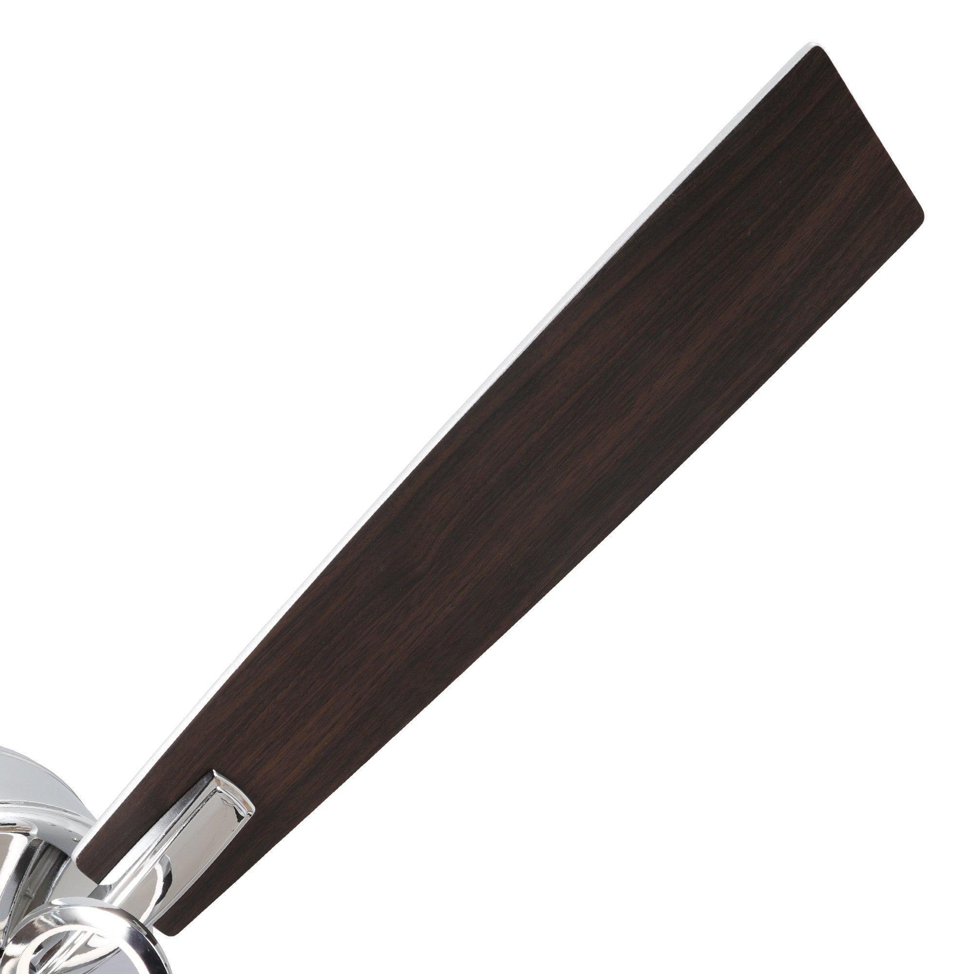 Parrot Uncle ceiling fan blade in dark brown with chrome support housing.