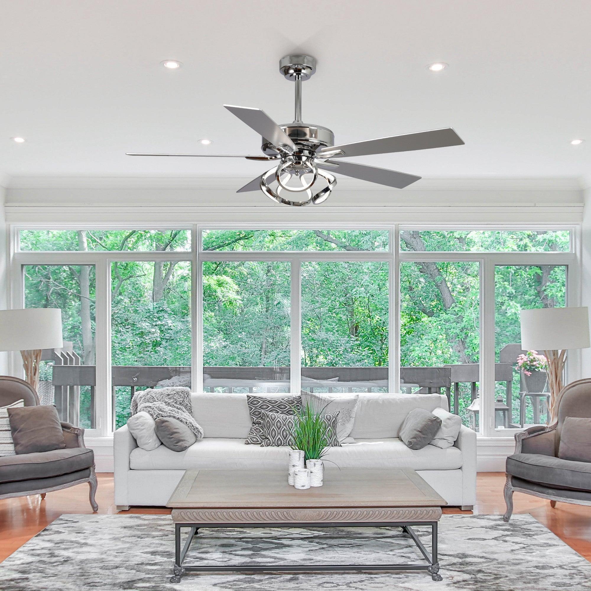 Parrot Uncle chrome ceiling fan with light kit and reversible blades in a modern room.