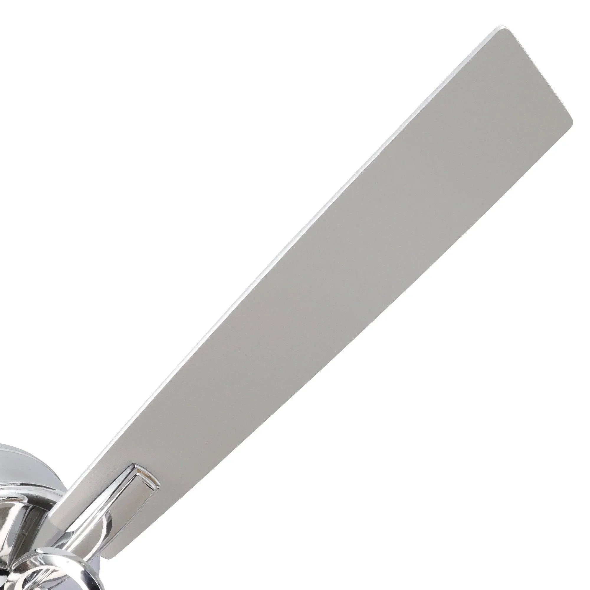 Parrot Uncle ceiling fan blade in light gray with chrome support housing.