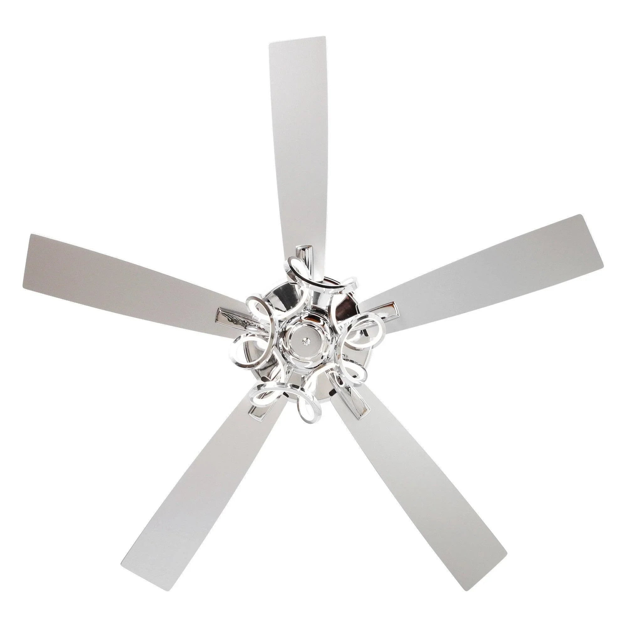 Parrot Uncle chrome ceiling fan with five reversible blades and central light kit.