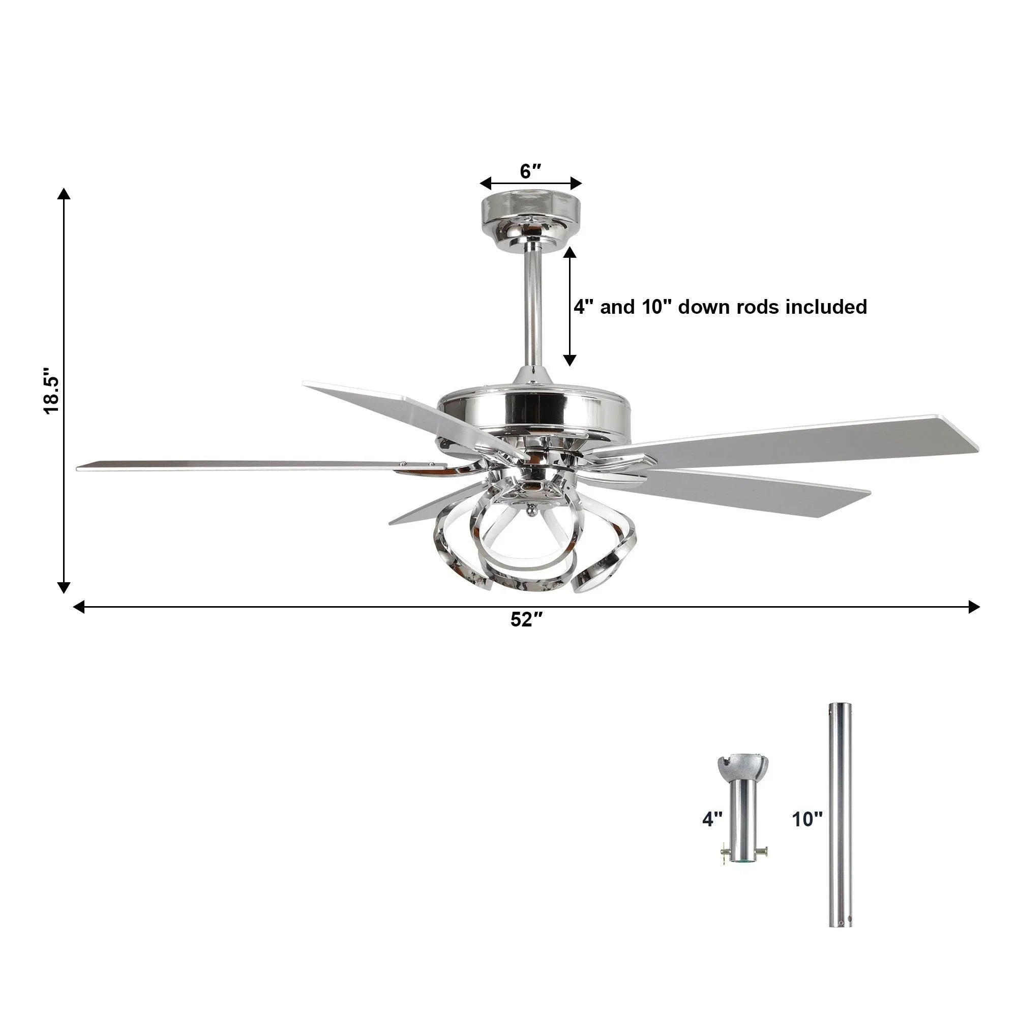 Parrot Uncle 52-inch chrome ceiling fan with reversible blades, light kit, and downrod.