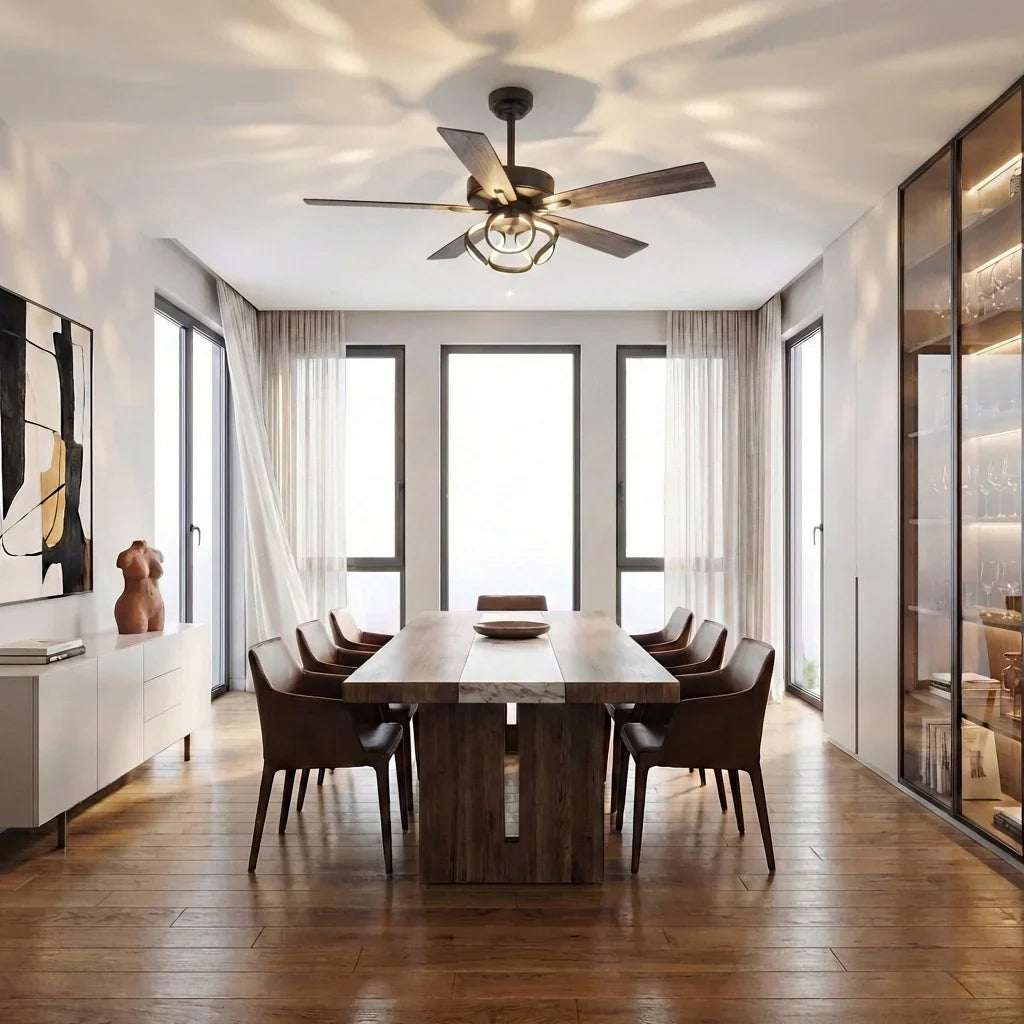 Black ceiling fan with 5 blades and integrated light fixture in a living room